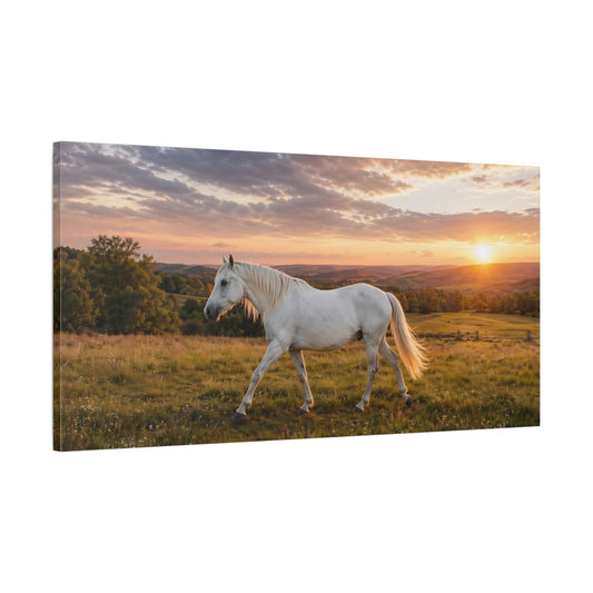 Main Mockup. Animals White Horse Golden Sunset shown as stretched canvas wall art