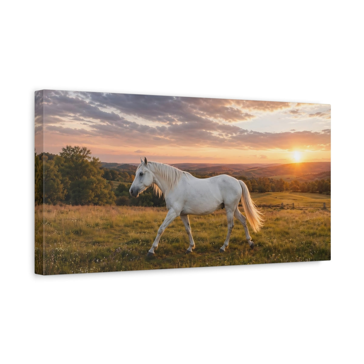 Side Mockup 3. Animals White Horse Golden Sunset shown as stretched canvas wall art