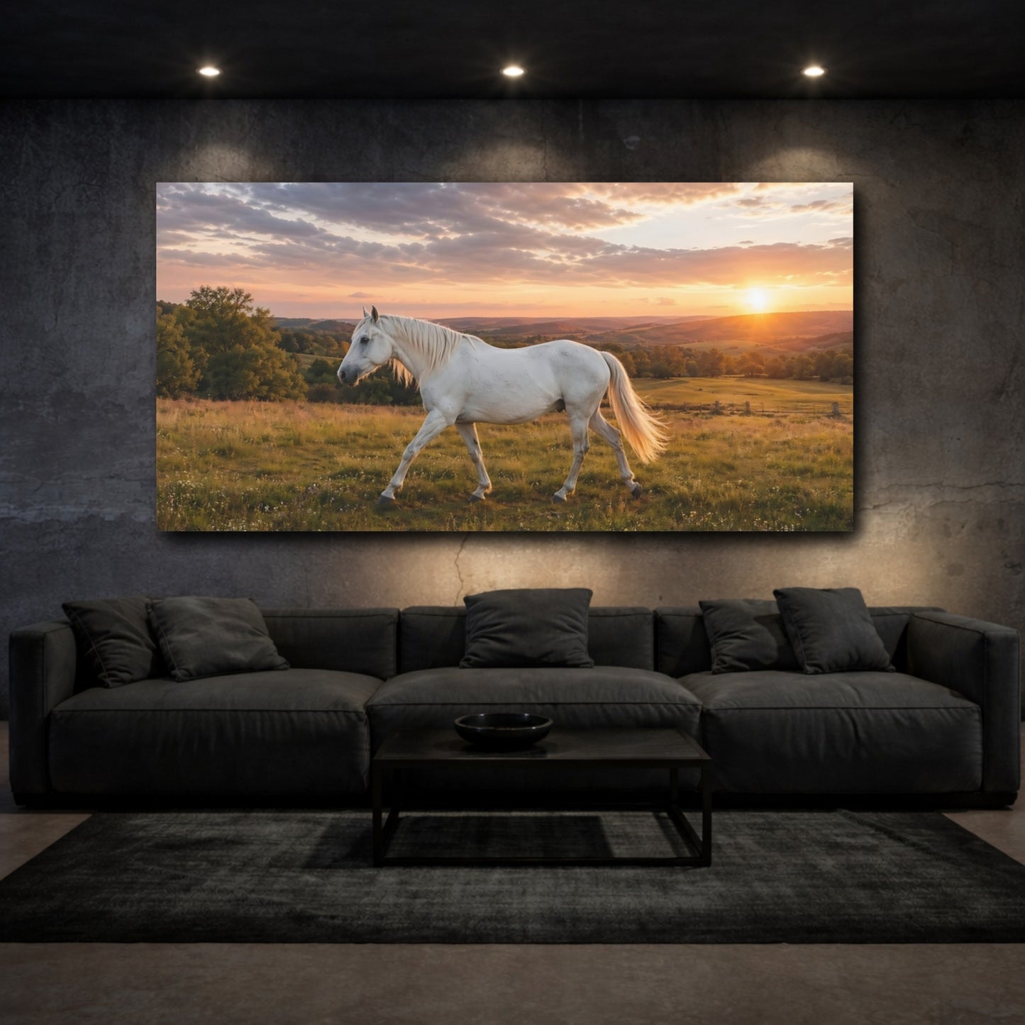 Mockup 2. Animals White Horse Golden Sunset shown as stretched canvas wall art