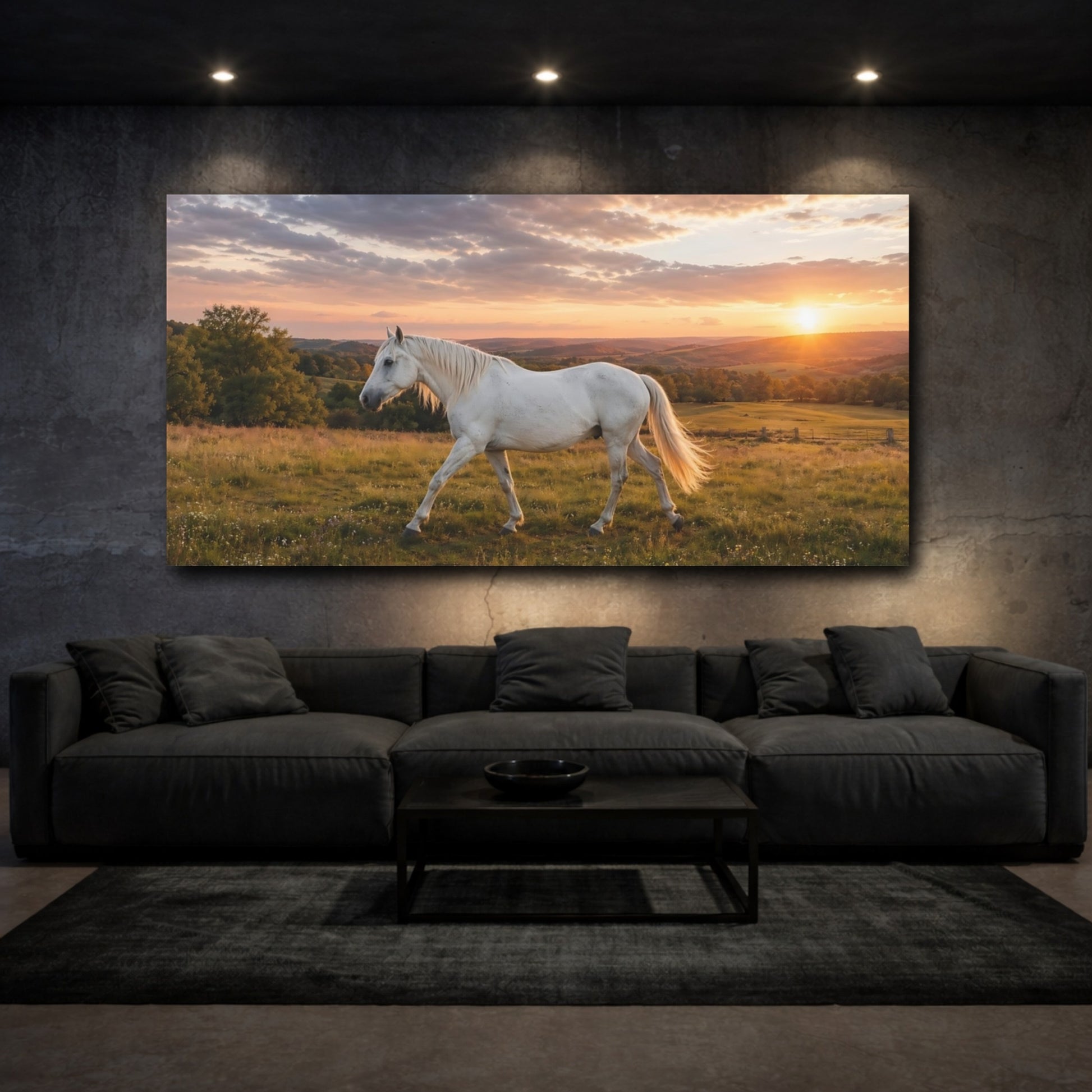 Mockup 2. Animals White Horse Golden Sunset shown as stretched canvas wall art
