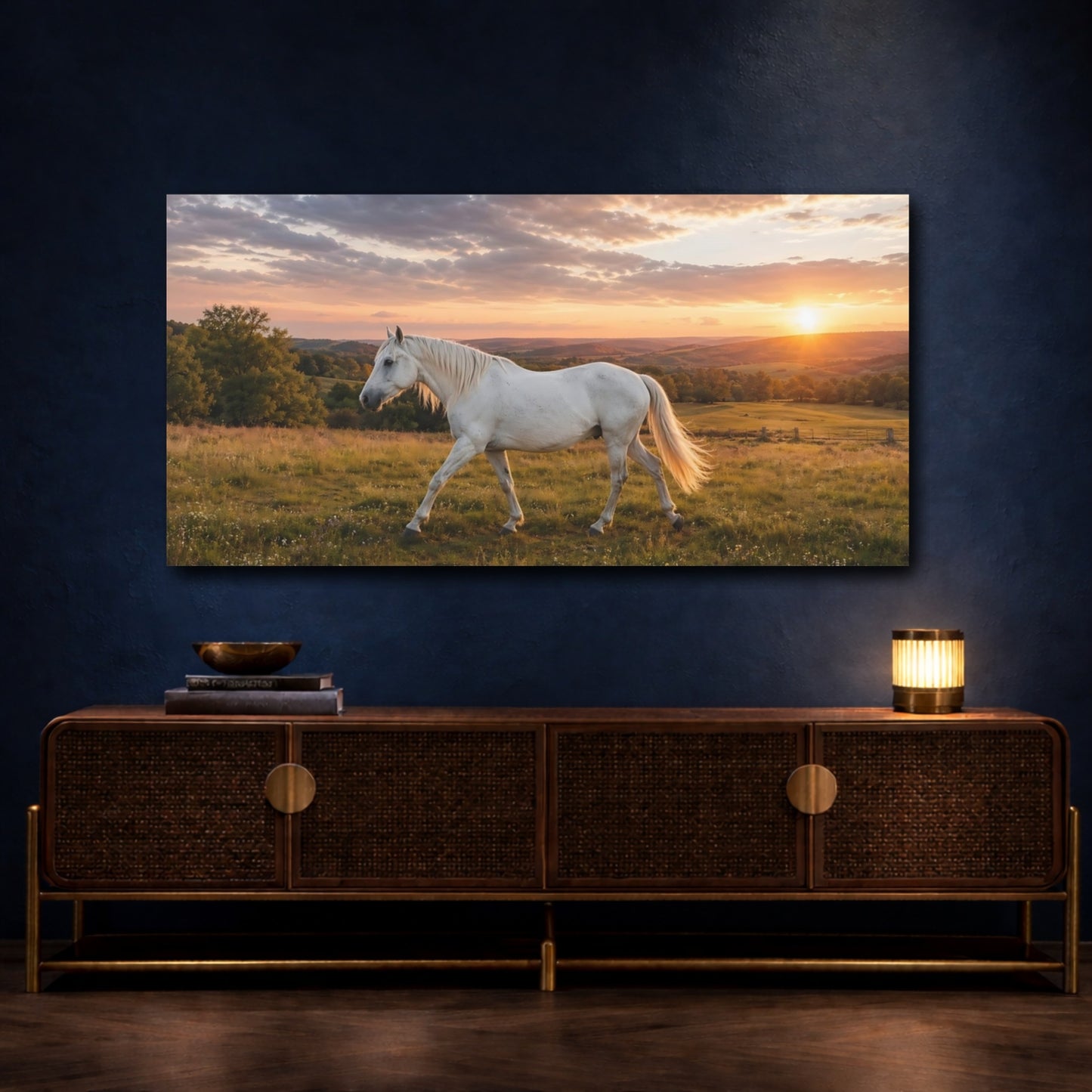 Mockup 3. Animals White Horse Golden Sunset shown as stretched canvas wall art