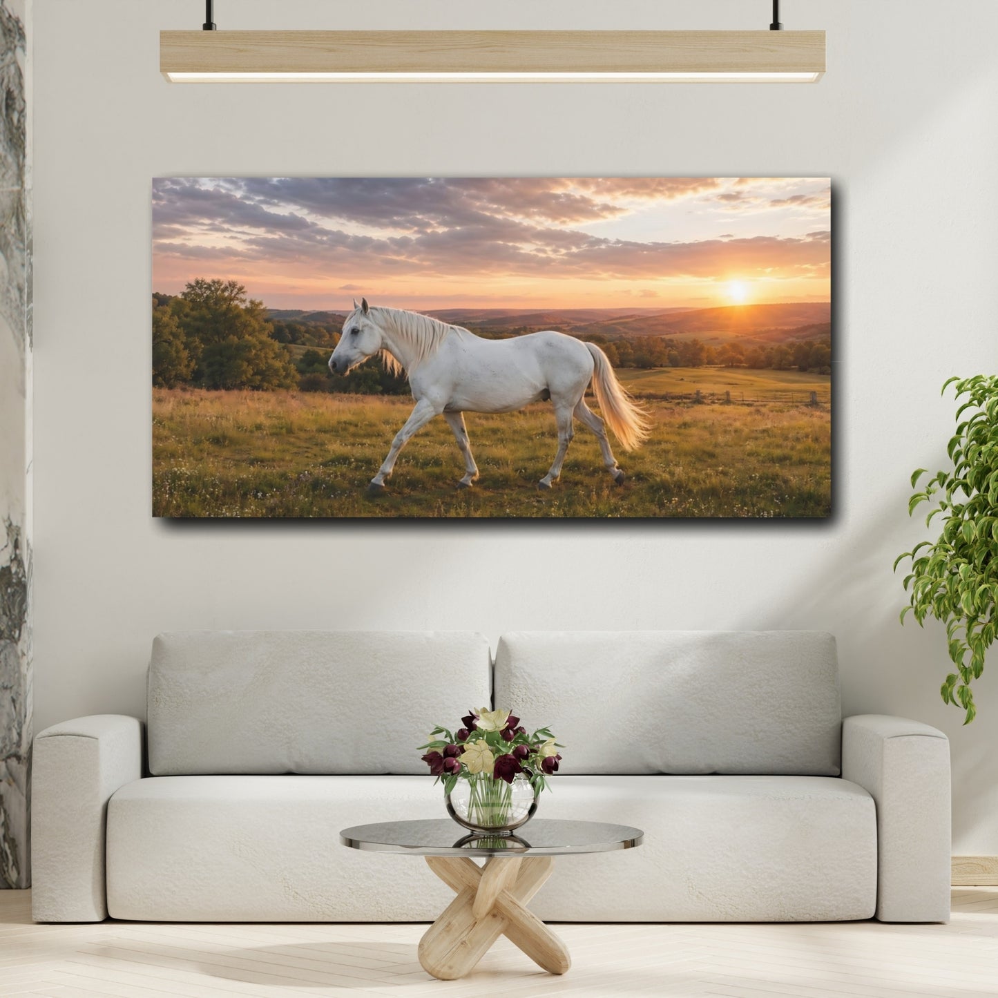 Mockup 4. Animals White Horse Golden Sunset shown as stretched canvas wall art