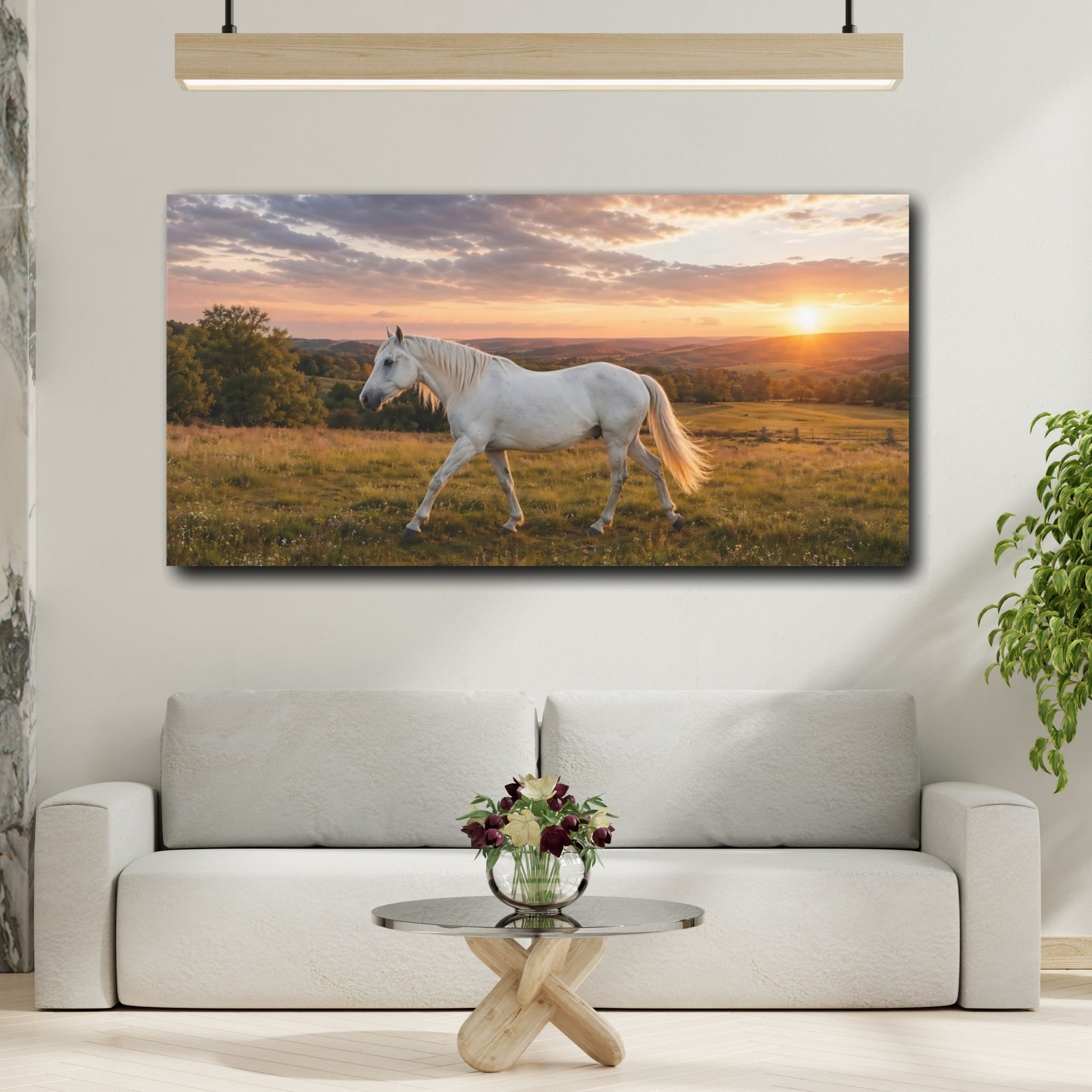 Mockup 4. Animals White Horse Golden Sunset shown as stretched canvas wall art