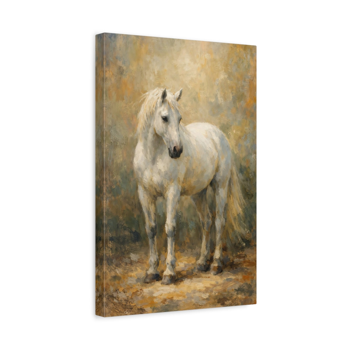 Side Mockup 4. Animals White Horse White Horse Painting shown as stretched canvas wall art
