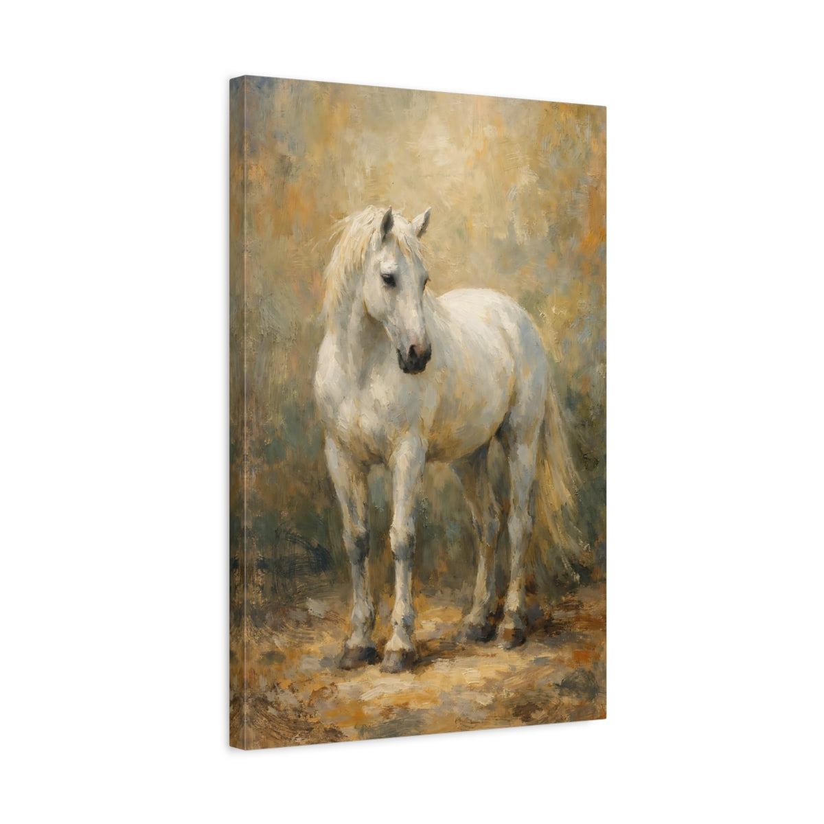 Side Mockup 3. Animals White Horse White Horse Painting shown as stretched canvas wall art