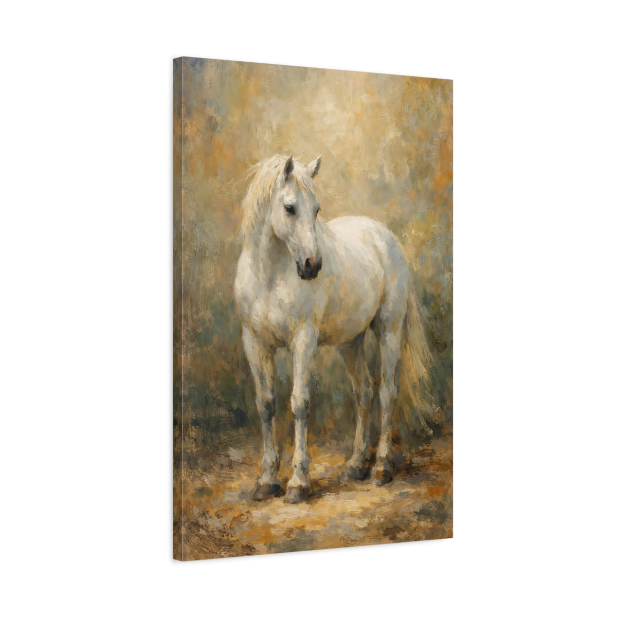 Side Mockup 2. Animals White Horse White Horse Painting shown as stretched canvas wall art