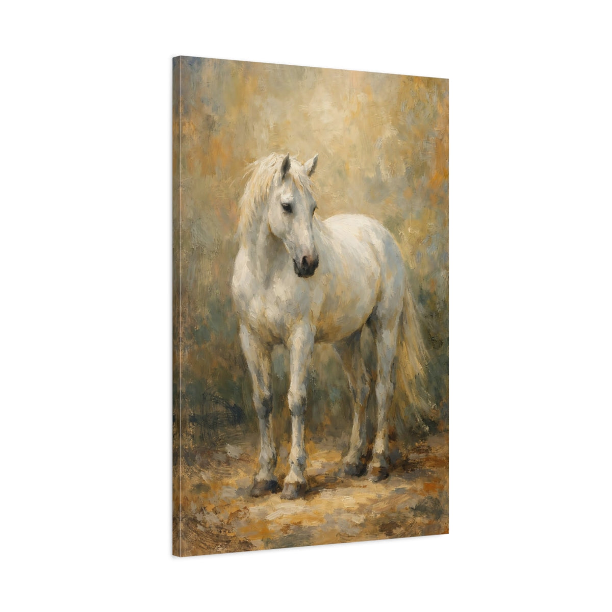 Side Mockup 1. Animals White Horse White Horse Painting shown as stretched canvas wall art