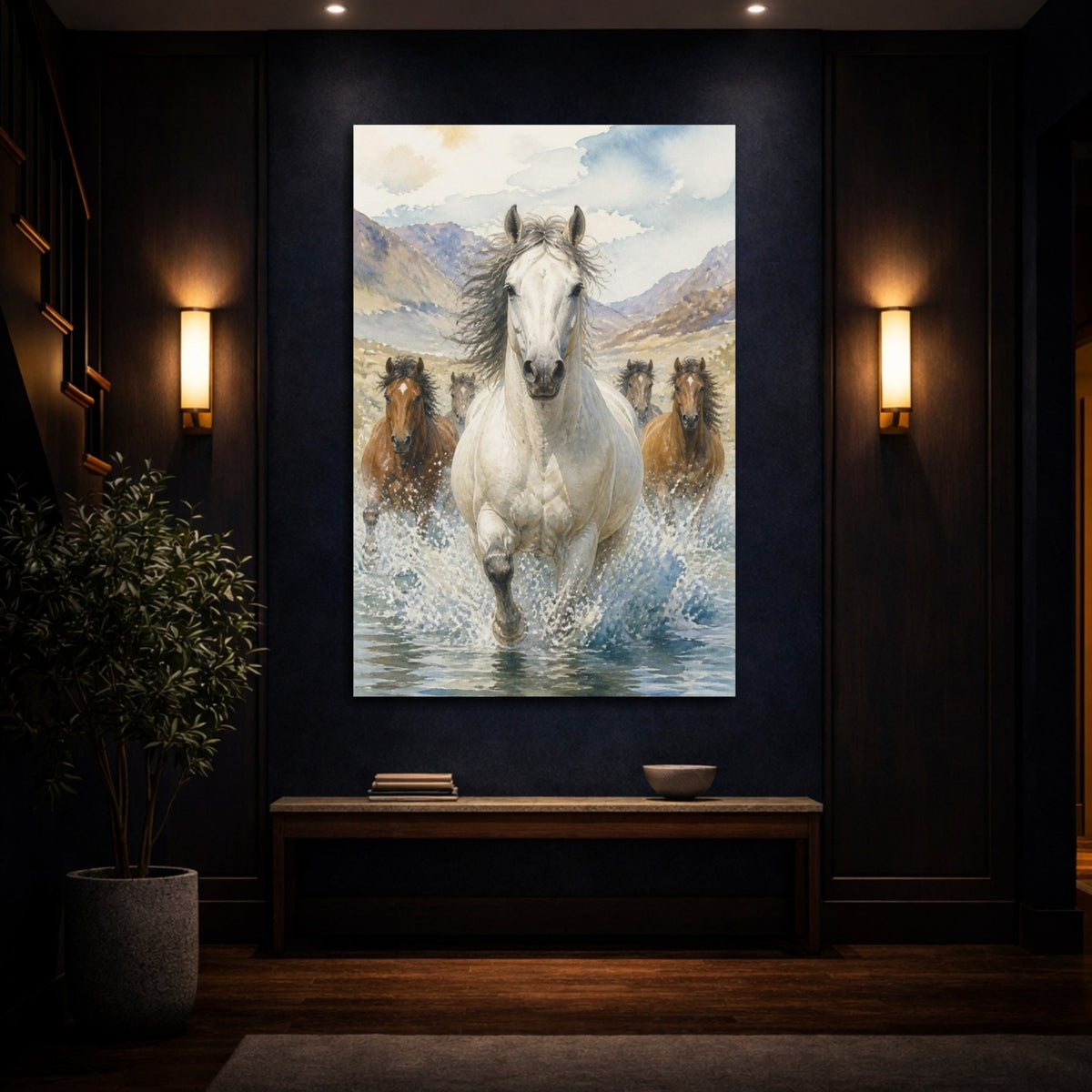 Animals White Horse River Run Canvas Print Wall Art – Living Room Decor, Above Console Table - YesArtYes
