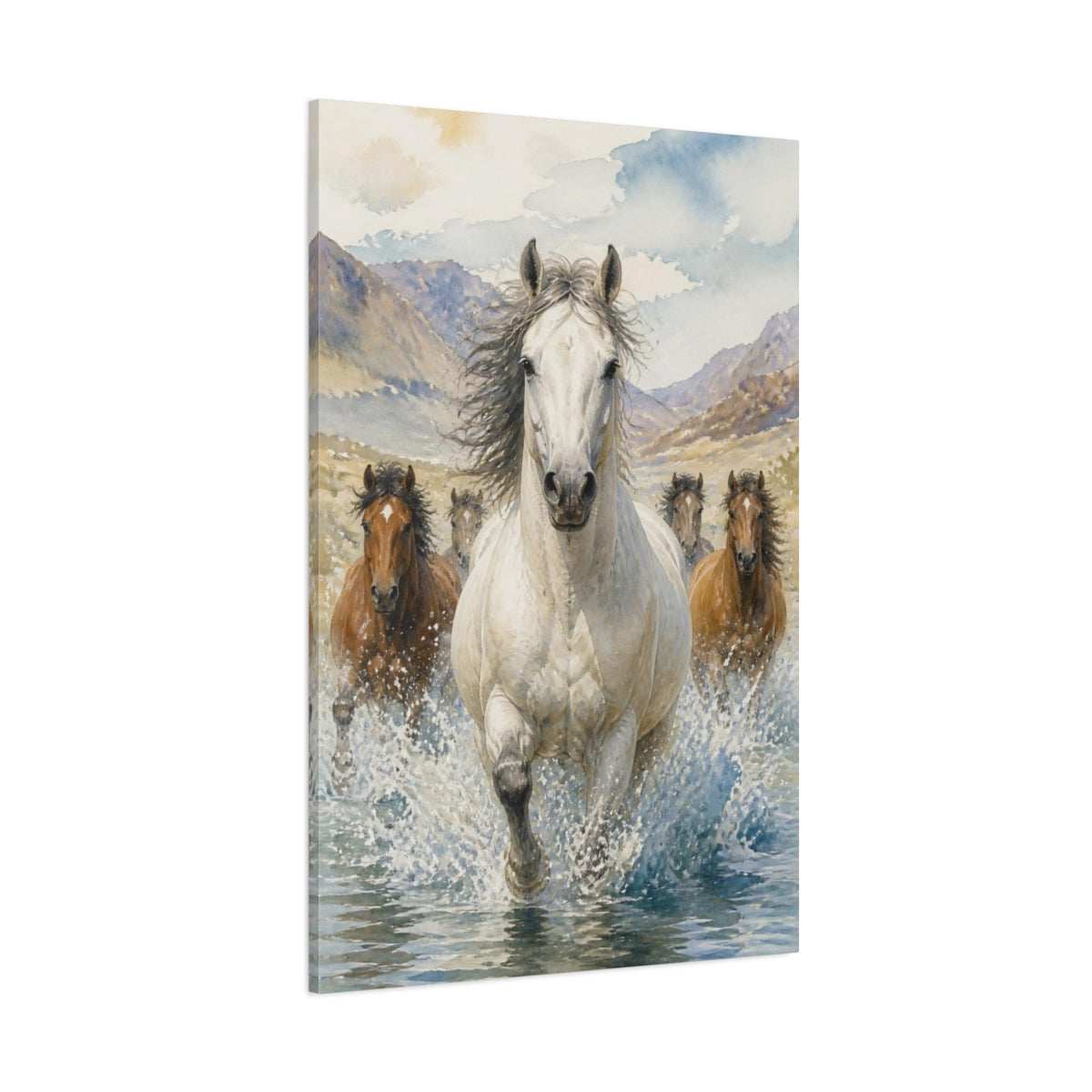 Side Mockup 1. Animals White Horse River Run shown as canvas print