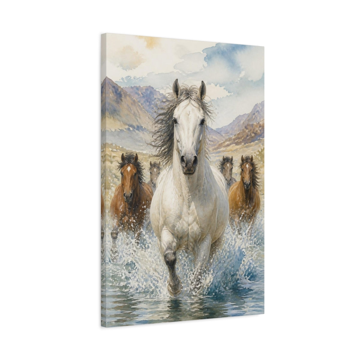 Side Mockup 2. Animals White Horse River Run shown as canvas print