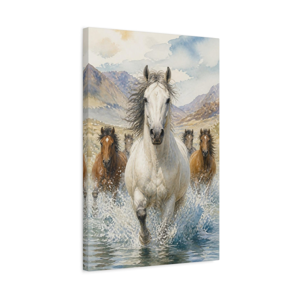 Side Mockup 3. Animals White Horse River Run shown as canvas print