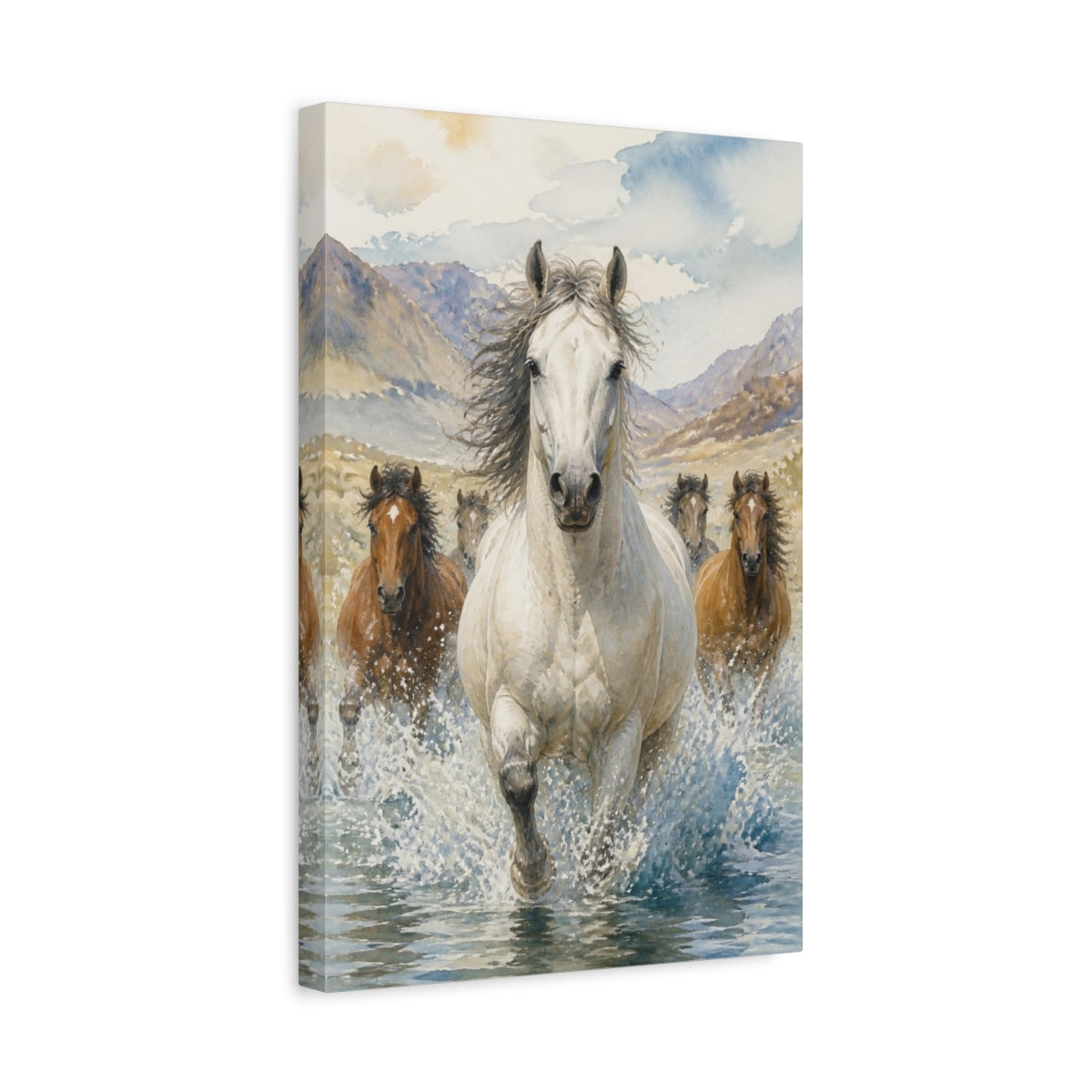 Side Mockup 4. Animals White Horse River Run shown as canvas print