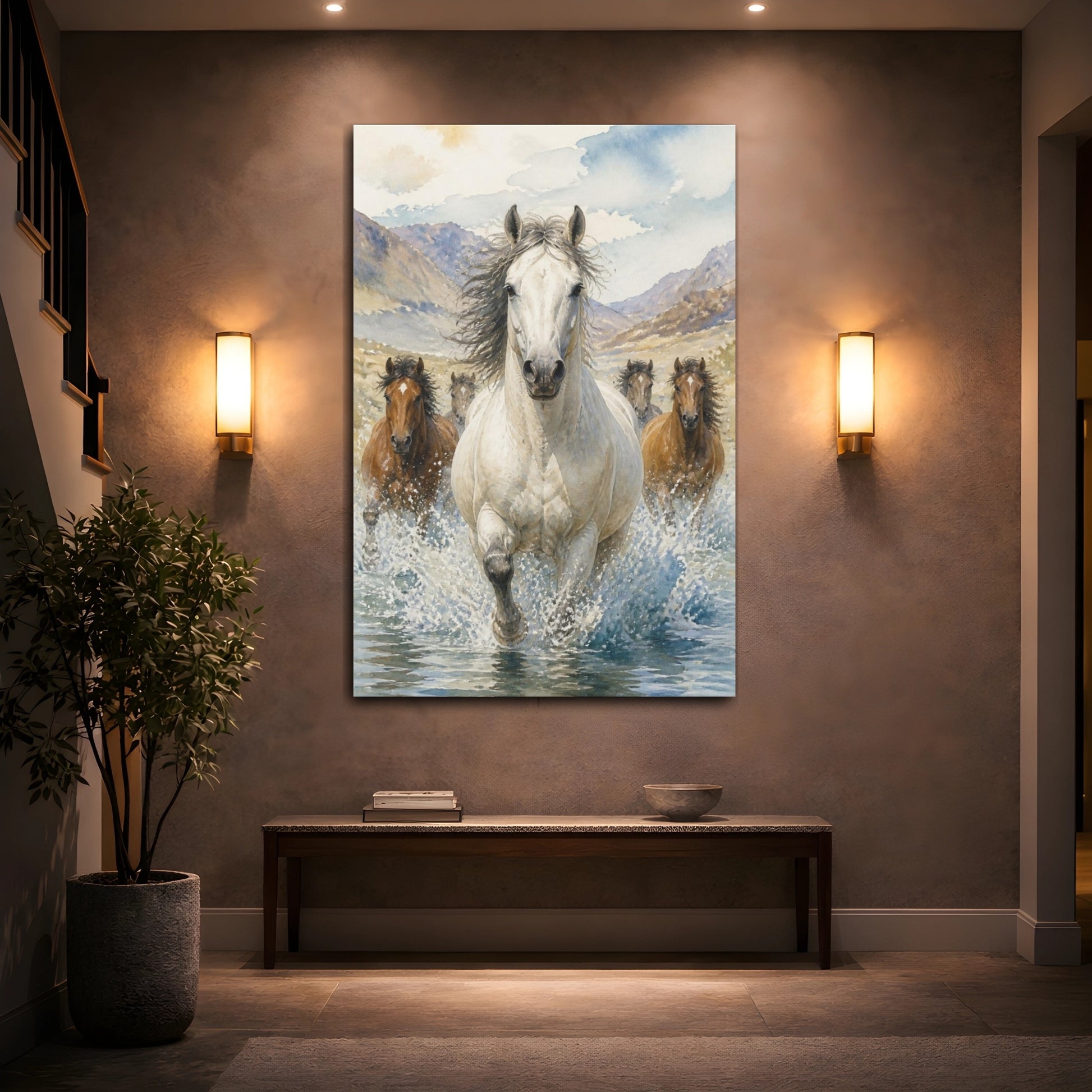 Mockup 2. Animals White Horse River Run shown as canvas print