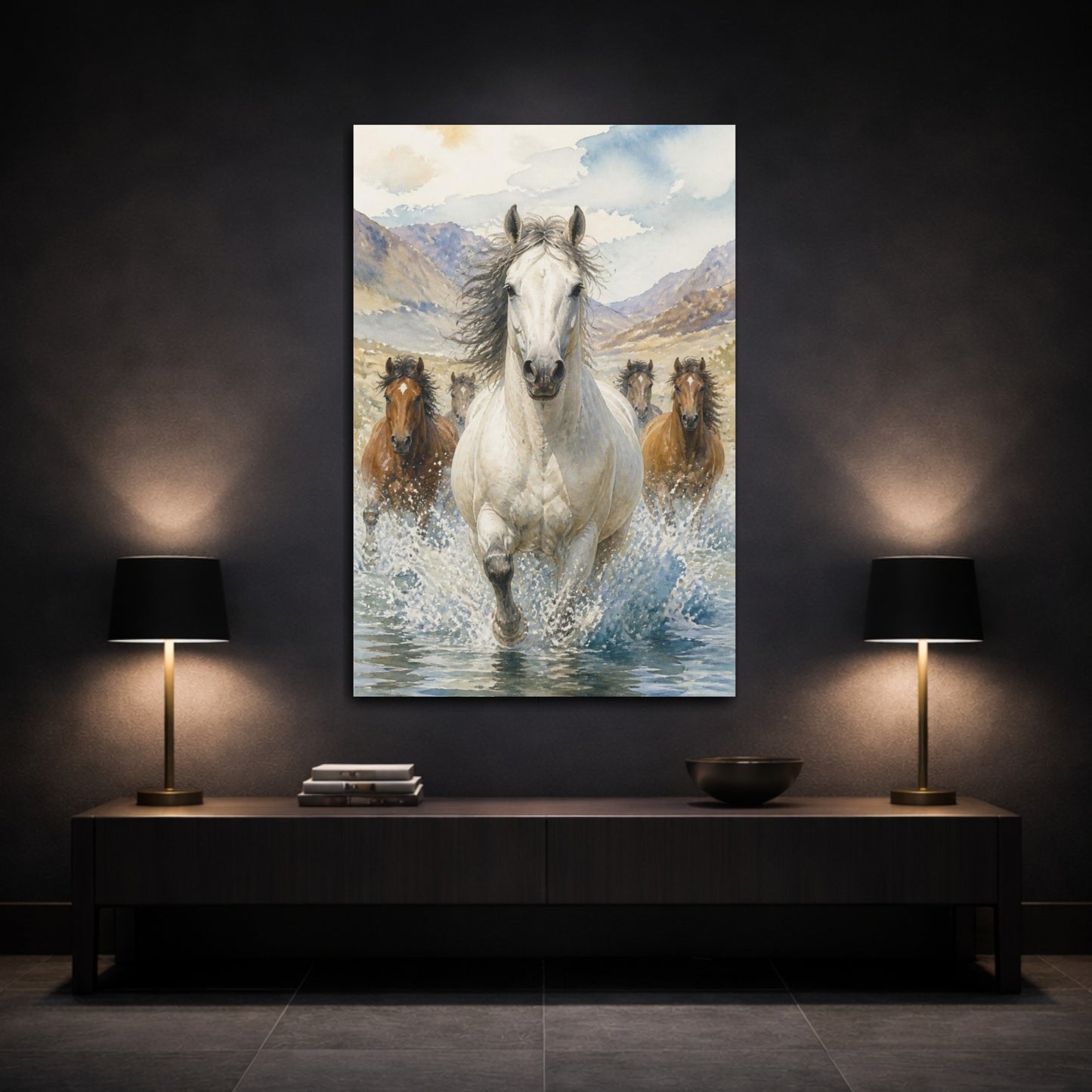 Mockup 3. Animals White Horse River Run shown as canvas print
