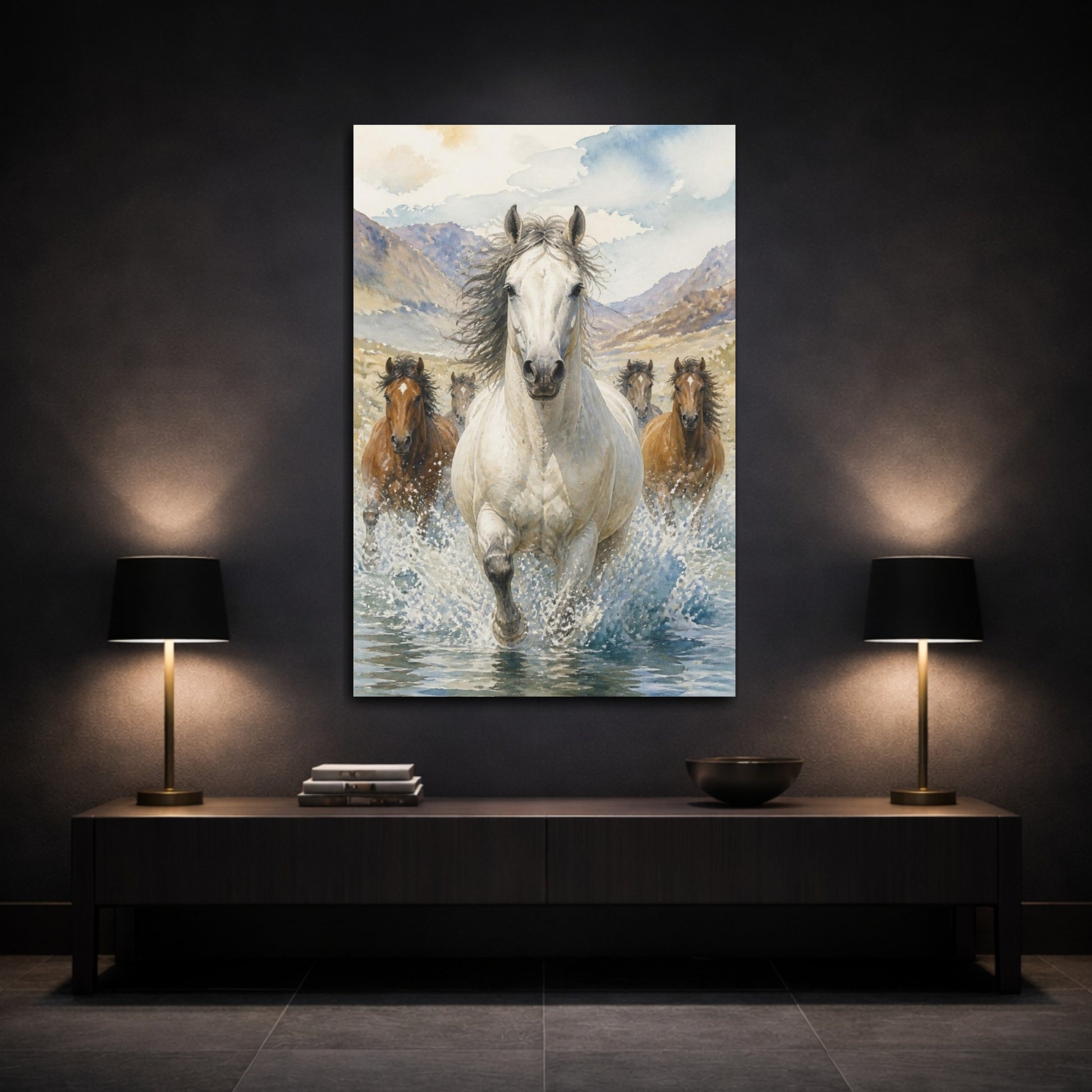 Mockup 3. Animals White Horse River Run shown as canvas print