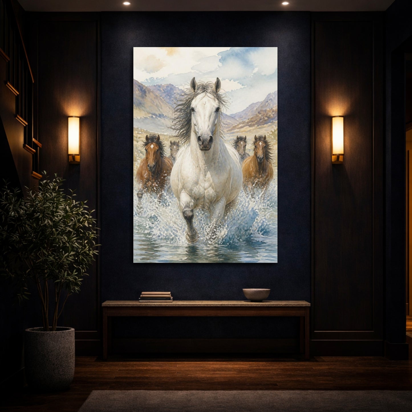 Mockup 4. Animals White Horse River Run shown as canvas print