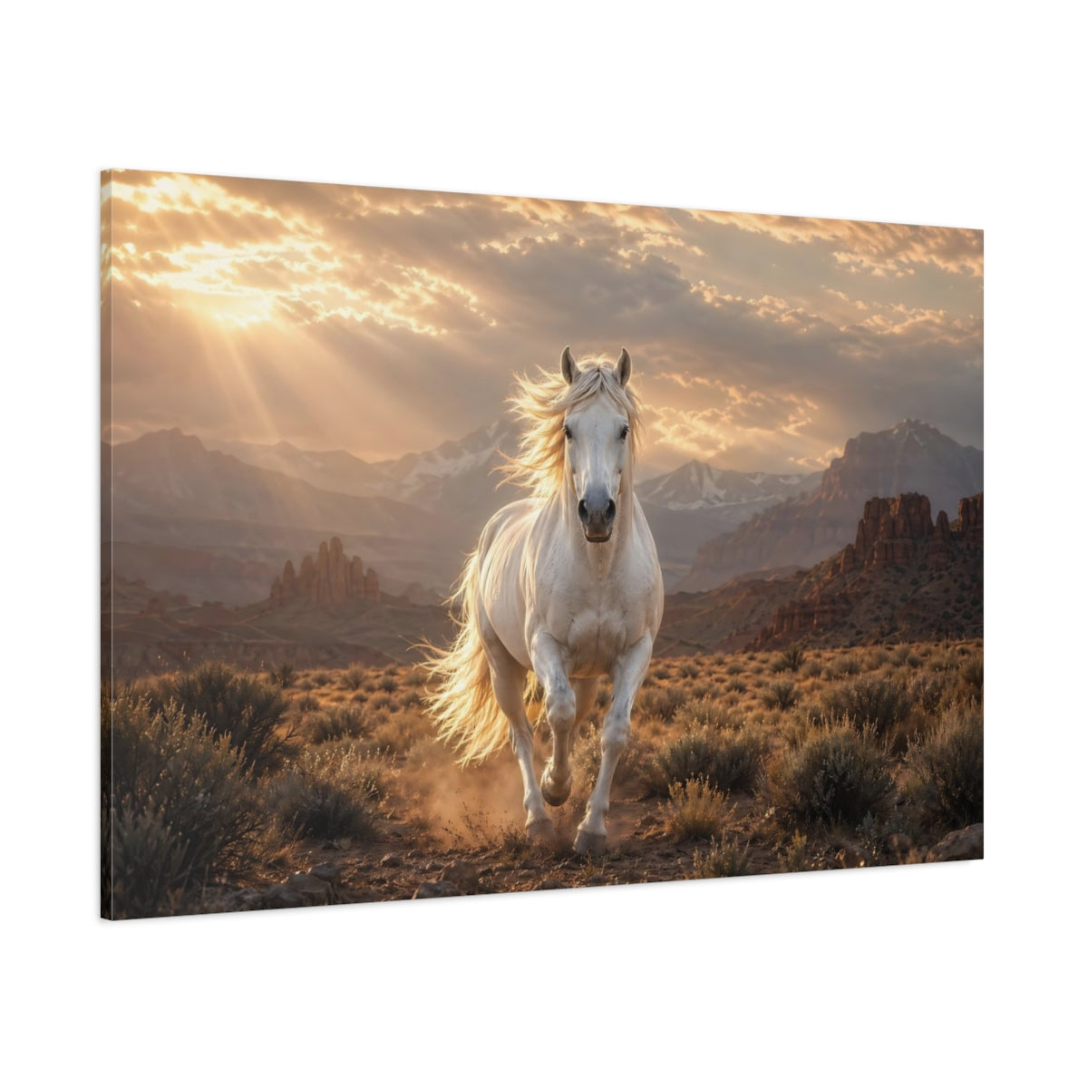Side Mockup 1. Animals White Horse White Horse Sunset shown as stretched canvas wall art
