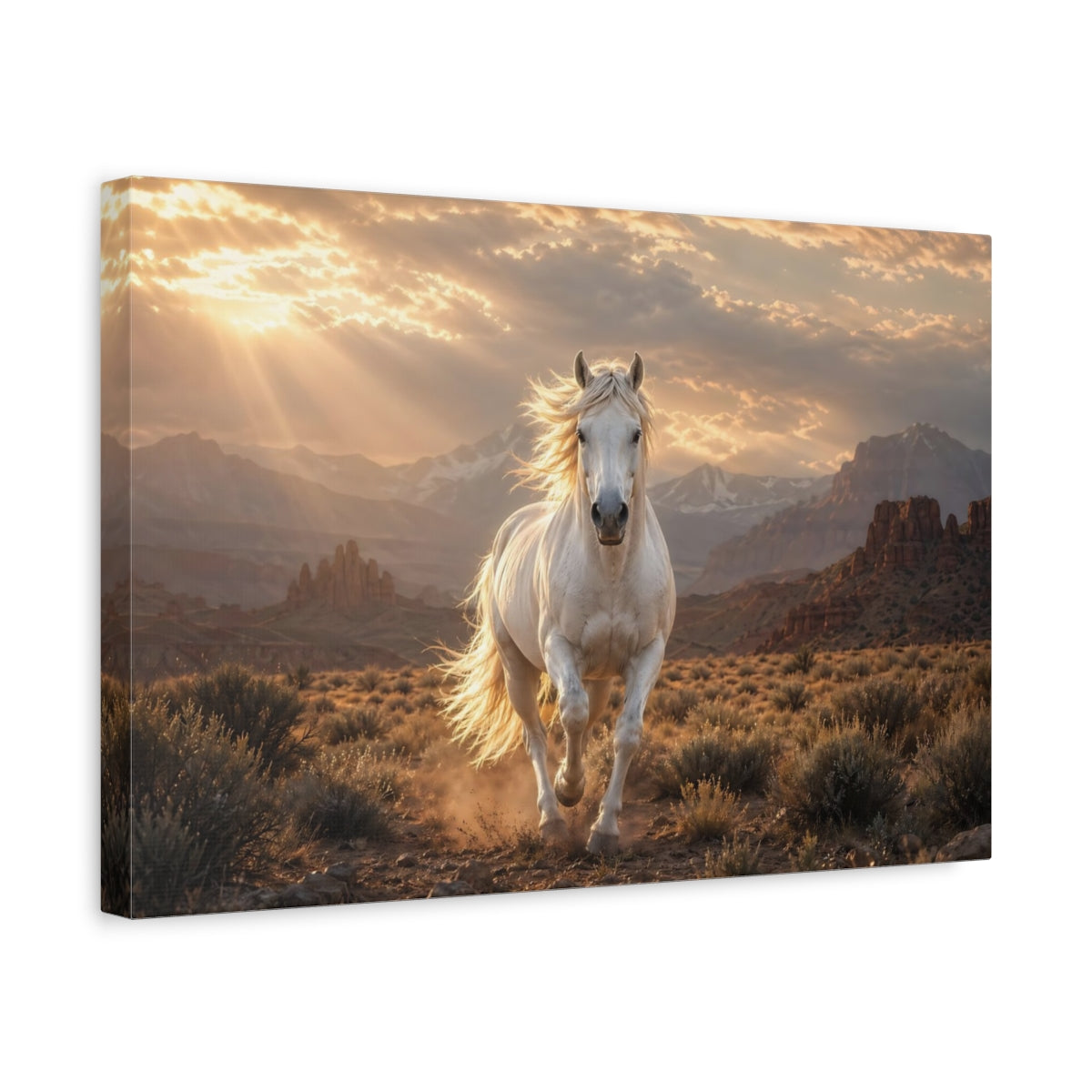 Side Mockup 4. Animals White Horse White Horse Sunset shown as stretched canvas wall art