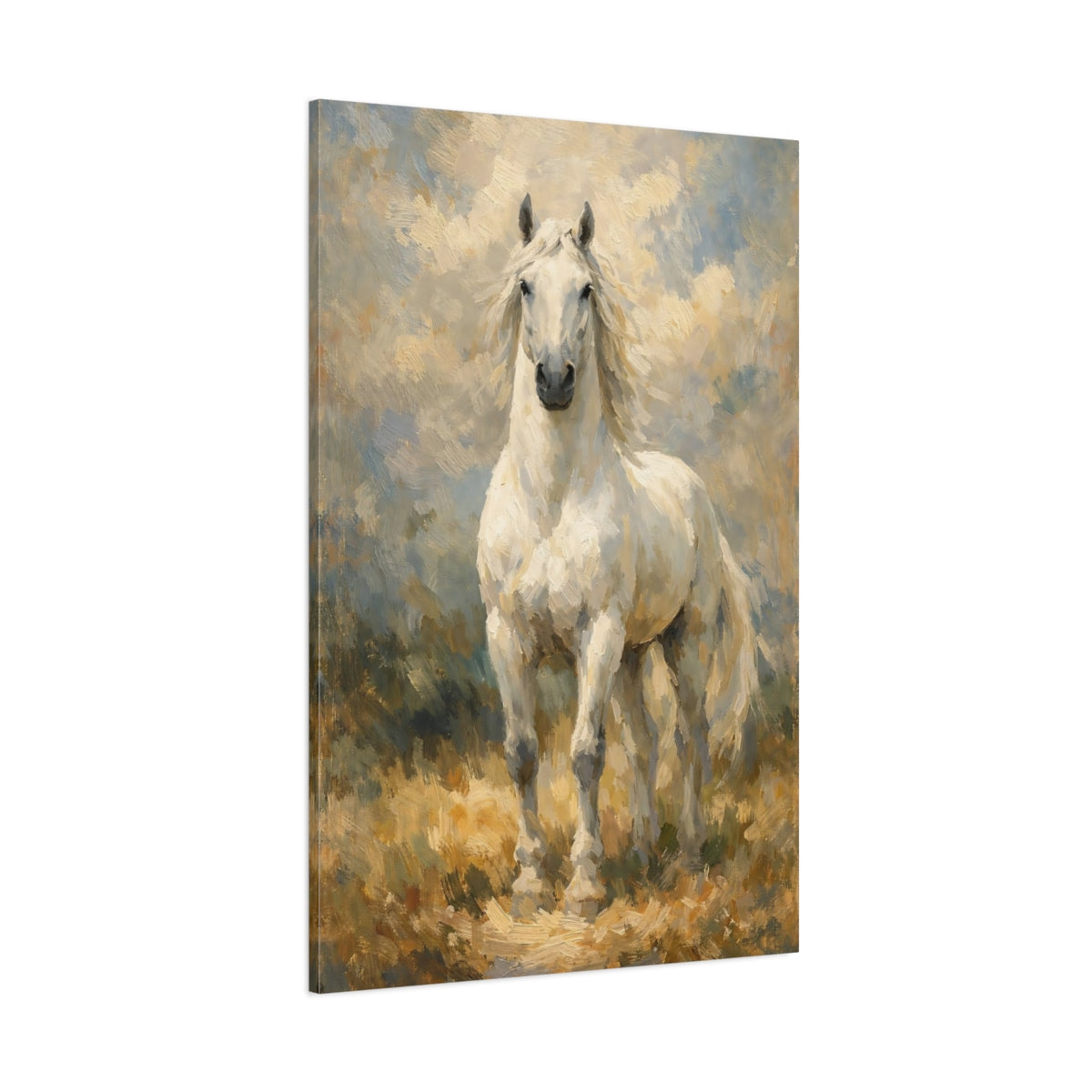 Main Mockup. Animals White Horse White And Brown shown as stretched canvas wall art
