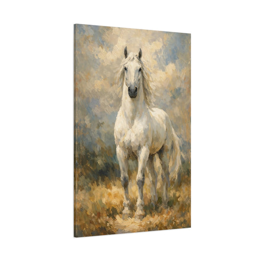 Main Mockup. Animals White Horse White And Brown shown as stretched canvas wall art