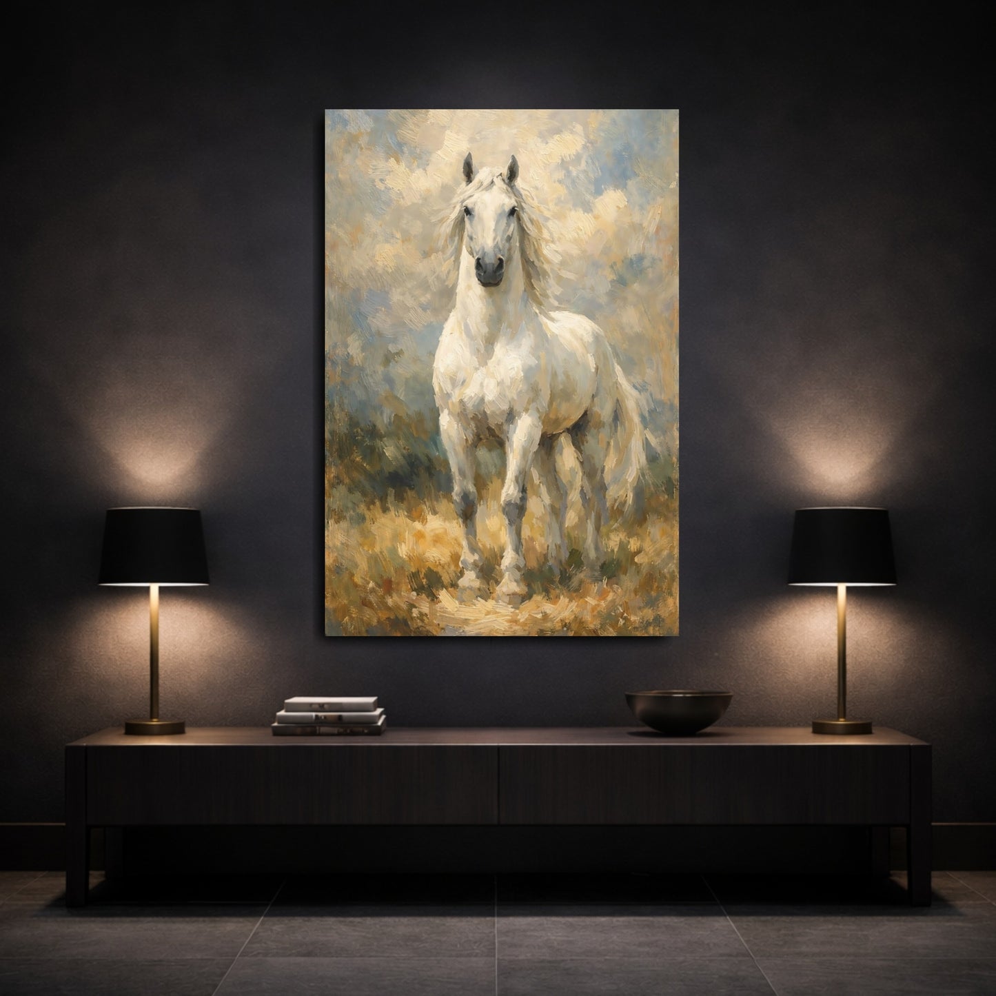 Mockup 2. Animals White Horse White And Brown shown as stretched canvas wall art