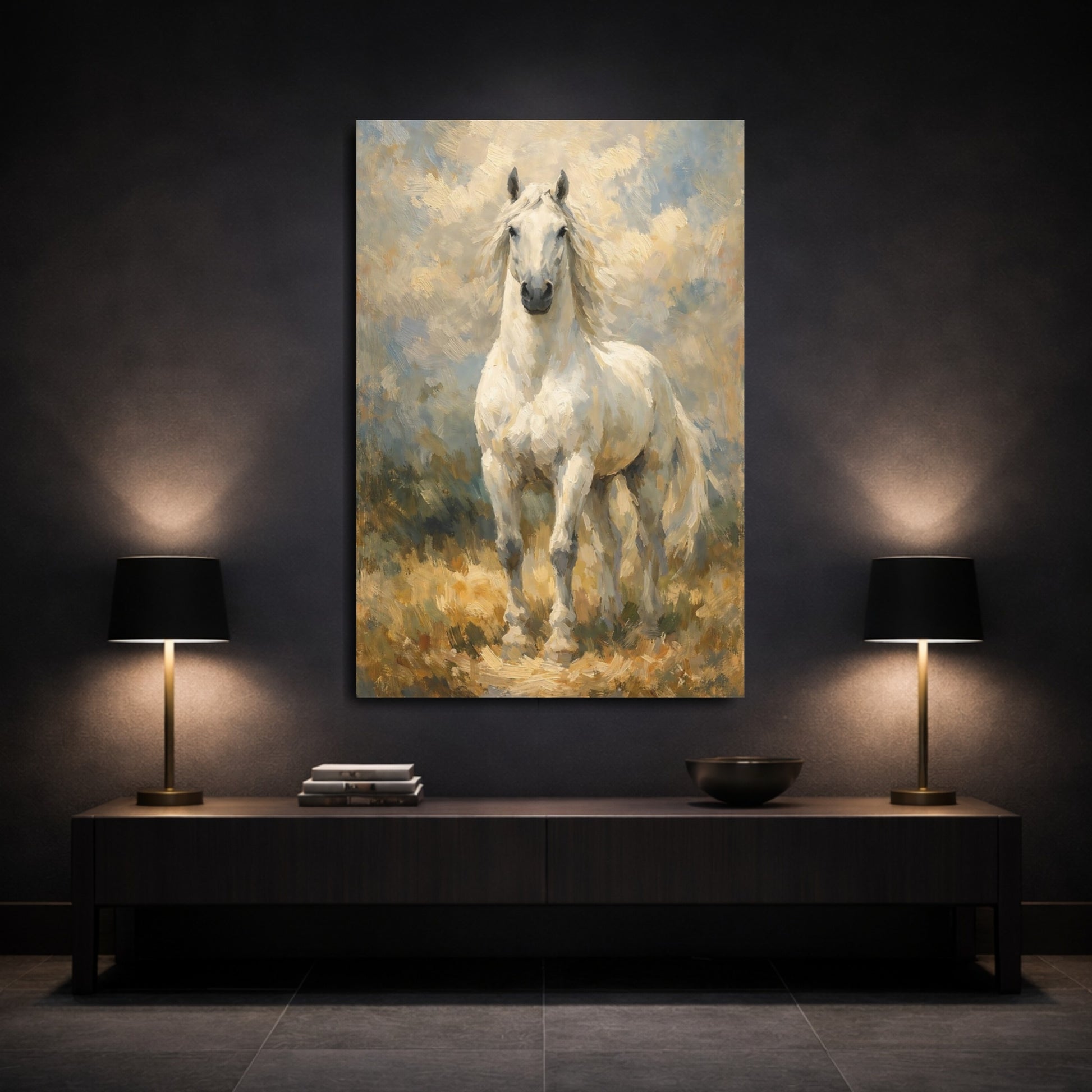 Mockup 2. Animals White Horse White And Brown shown as stretched canvas wall art