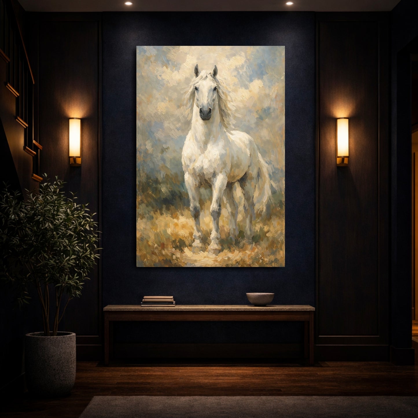 Mockup 3. Animals White Horse White And Brown shown as stretched canvas wall art