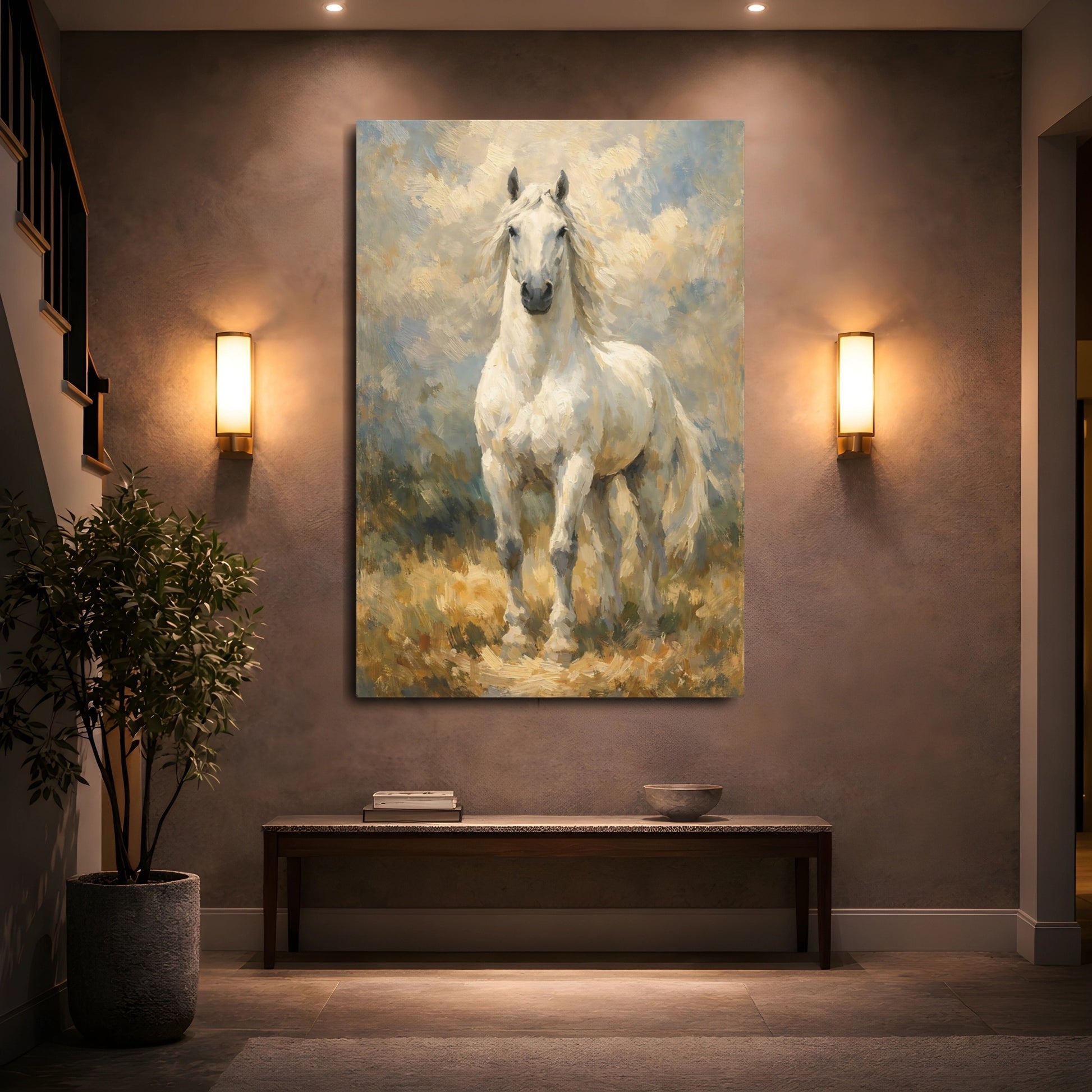 Mockup 4. Animals White Horse White And Brown shown as stretched canvas wall art