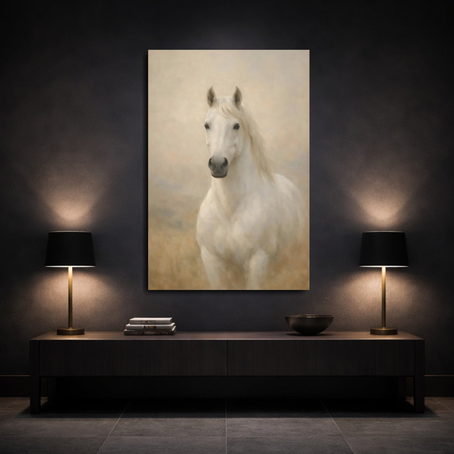 Mockup 2. Animals White Horse White Horse Art shown as stretched canvas wall art