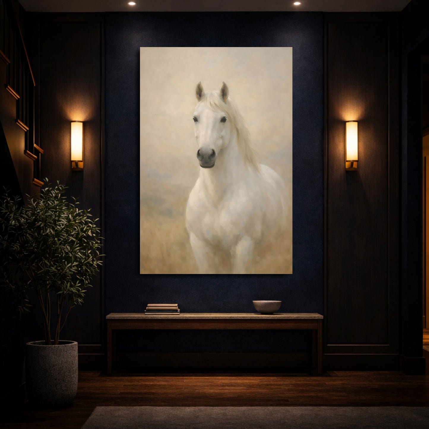 Mockup 3. Animals White Horse White Horse Art shown as stretched canvas wall art