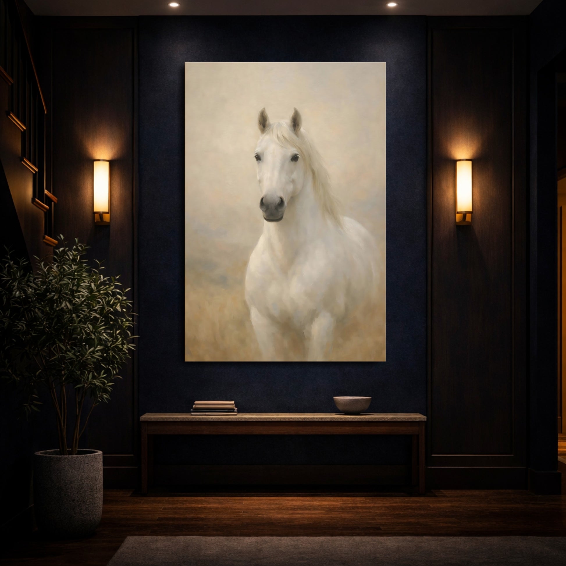 Mockup 3. Animals White Horse White Horse Art shown as stretched canvas wall art