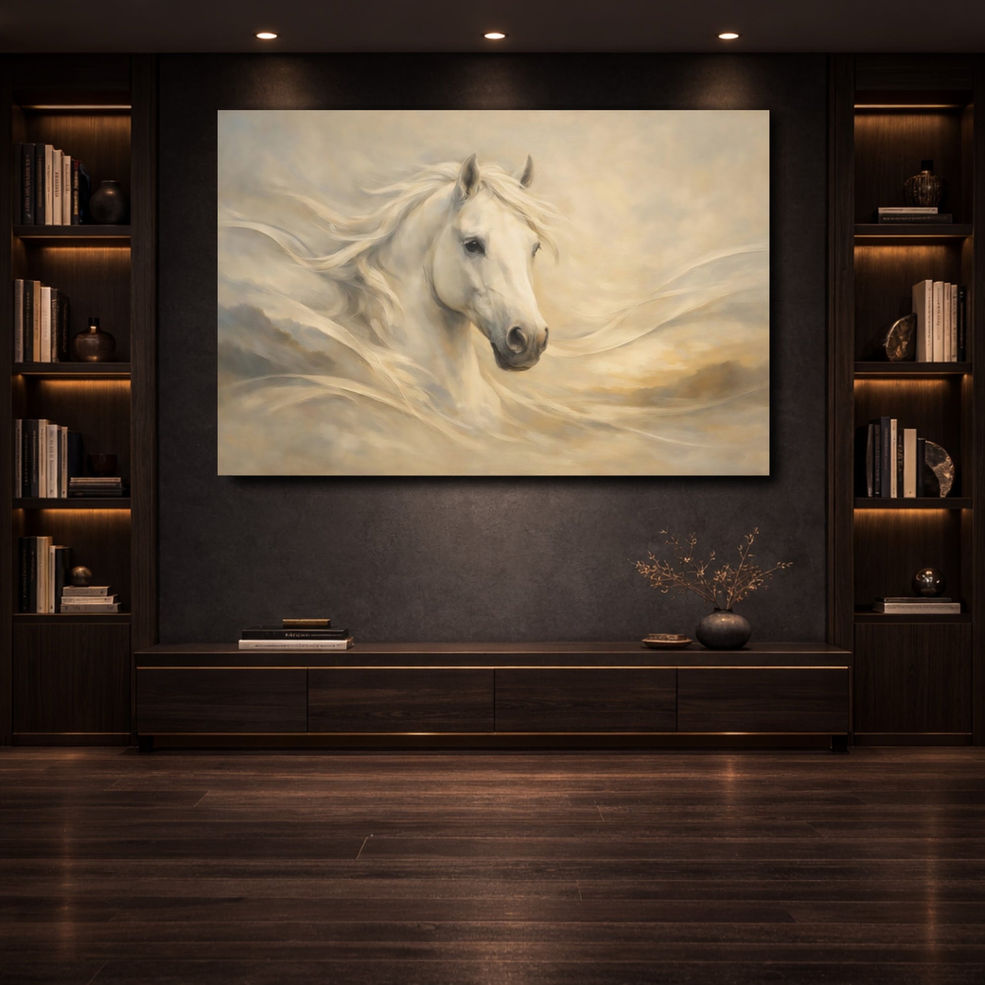 Mockup 3. Animals White Horse White Horse Art shown as stretched canvas wall art
