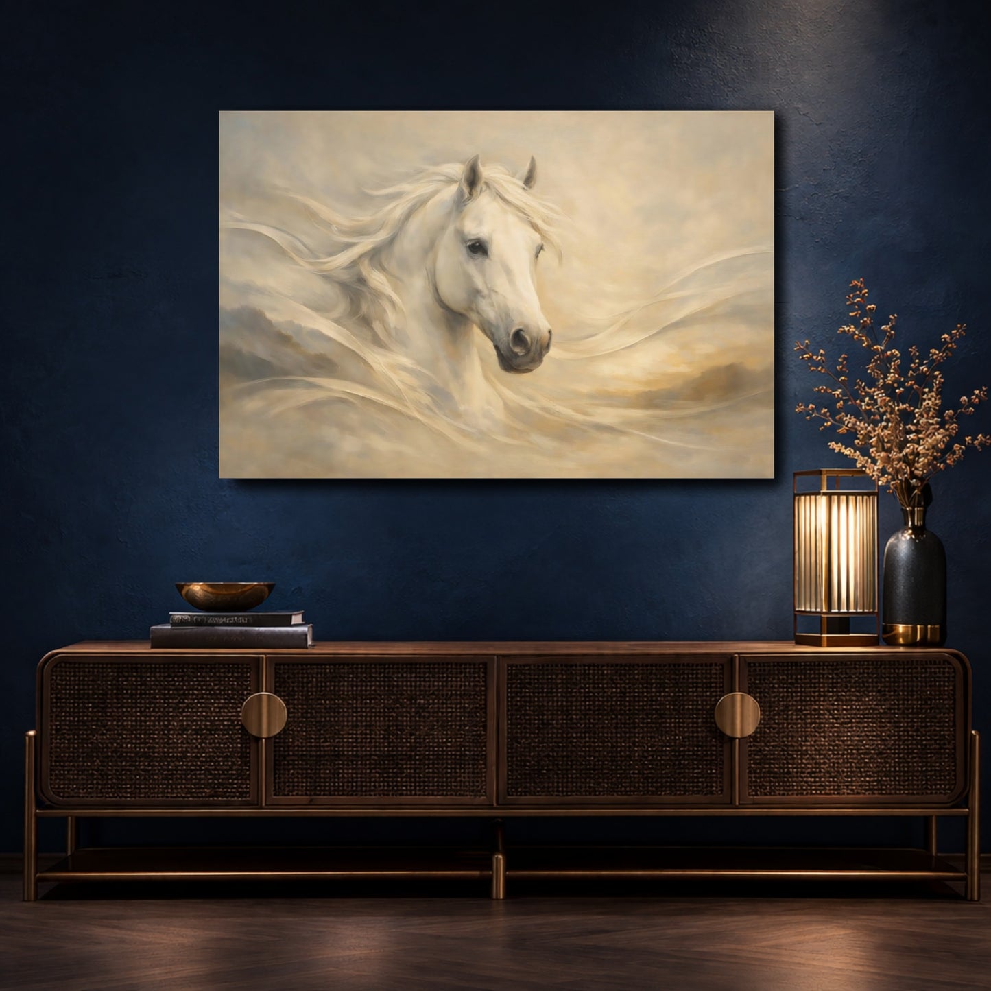 Mockup 4. Animals White Horse White Horse Art shown as stretched canvas wall art