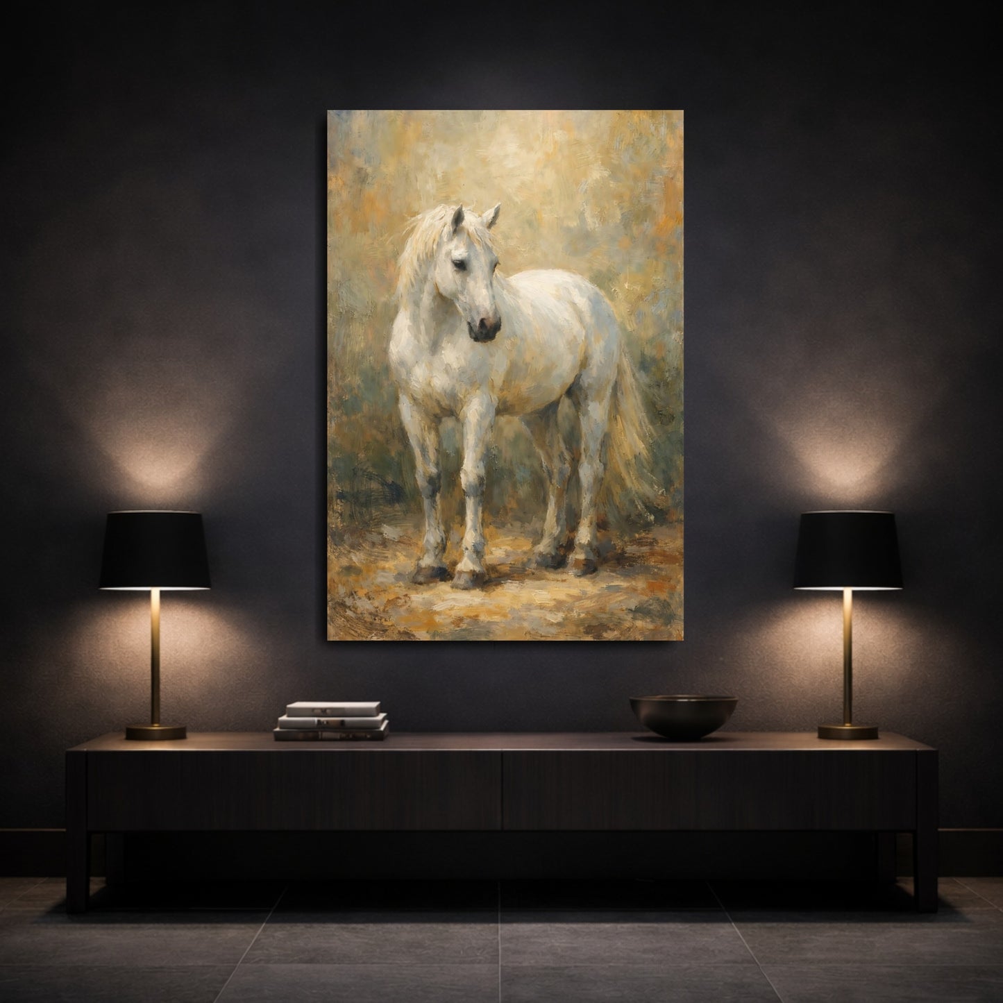 Mockup 2. Animals White Horse White Horse Painting shown as stretched canvas wall art