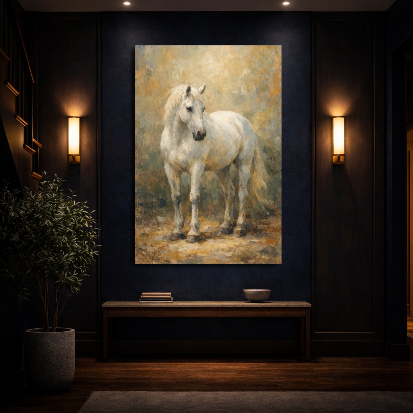 Mockup 3. Animals White Horse White Horse Painting shown as stretched canvas wall art
