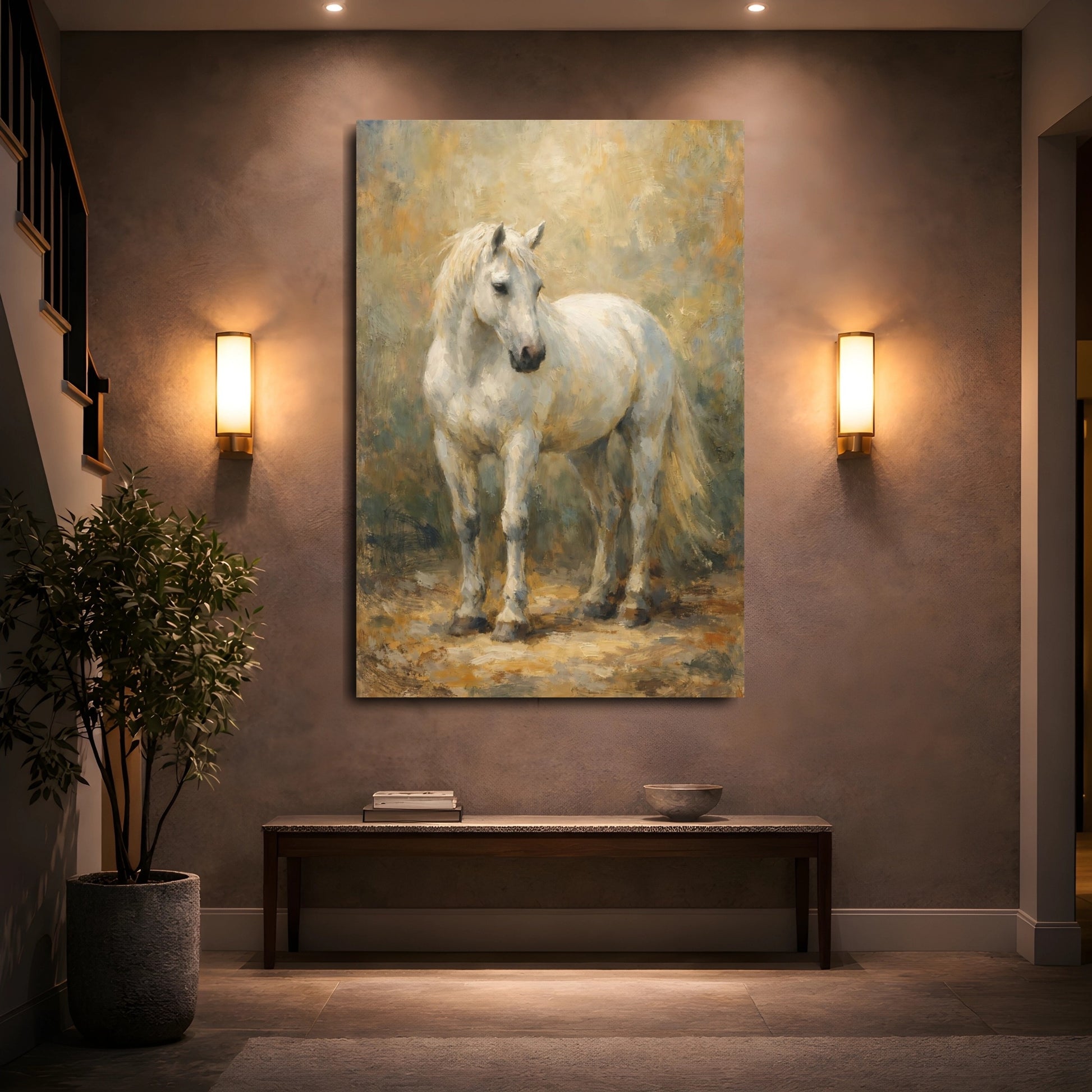 Mockup 4. Animals White Horse White Horse Painting shown as stretched canvas wall art