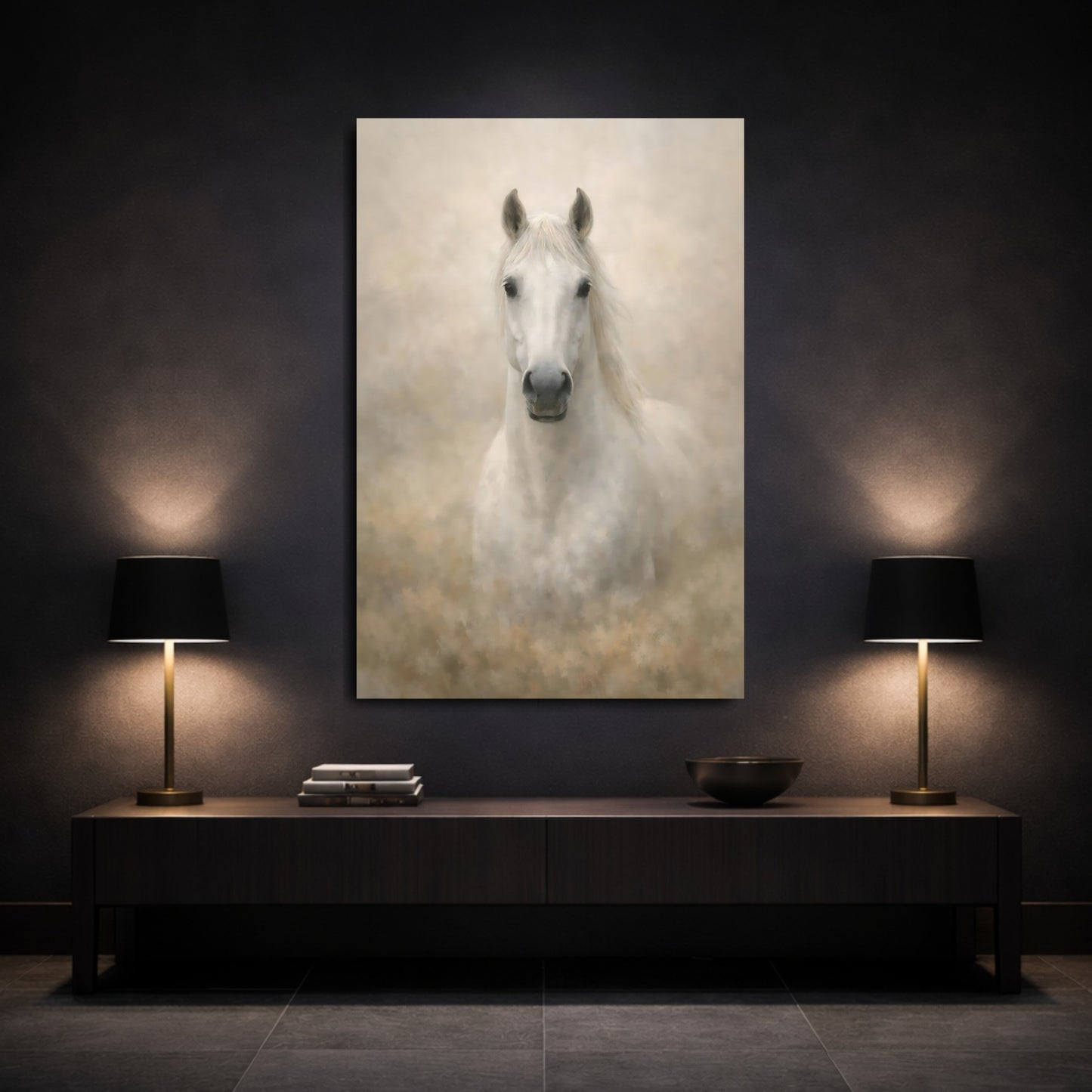 Animals White Horse White Horse shown as front canvas room wall art
