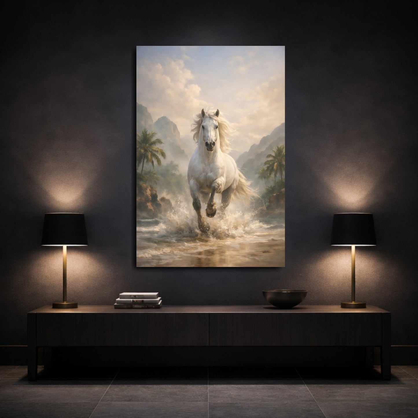 Mockup 2. Animals White Horse White Horse shown as stretched canvas wall art