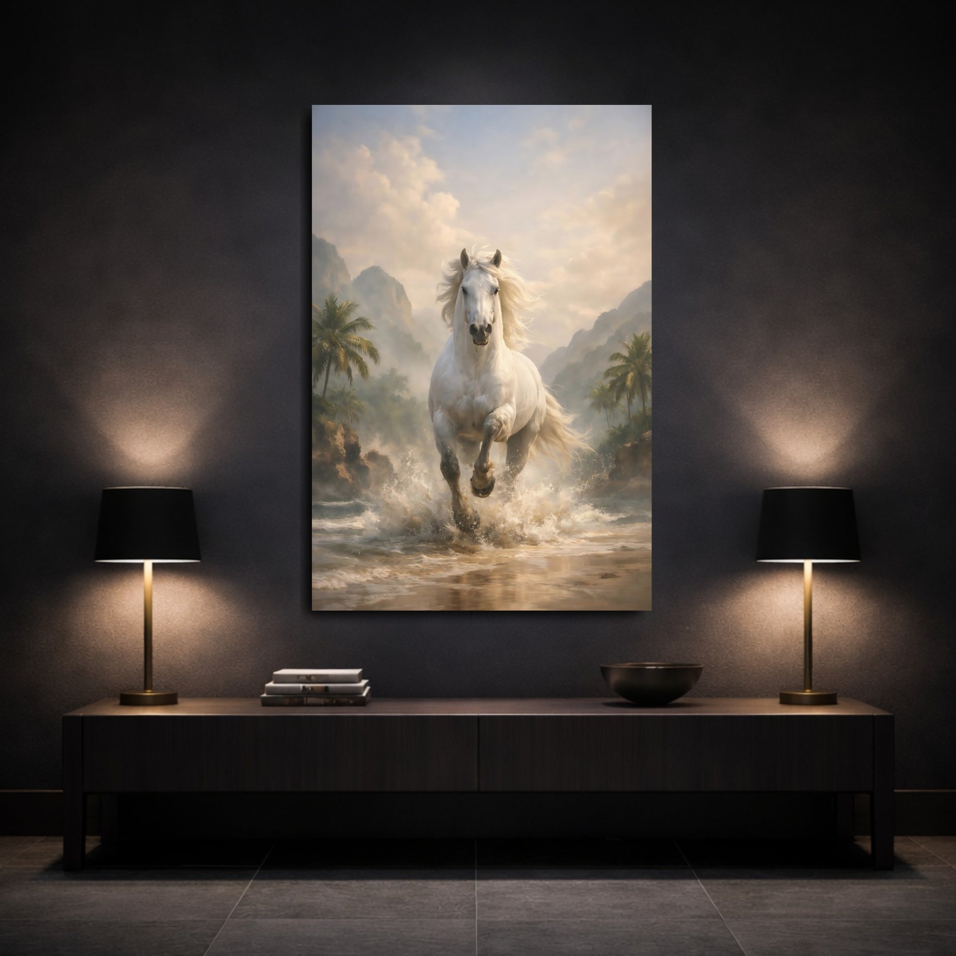 Mockup 2. Animals White Horse White Horse shown as stretched canvas wall art