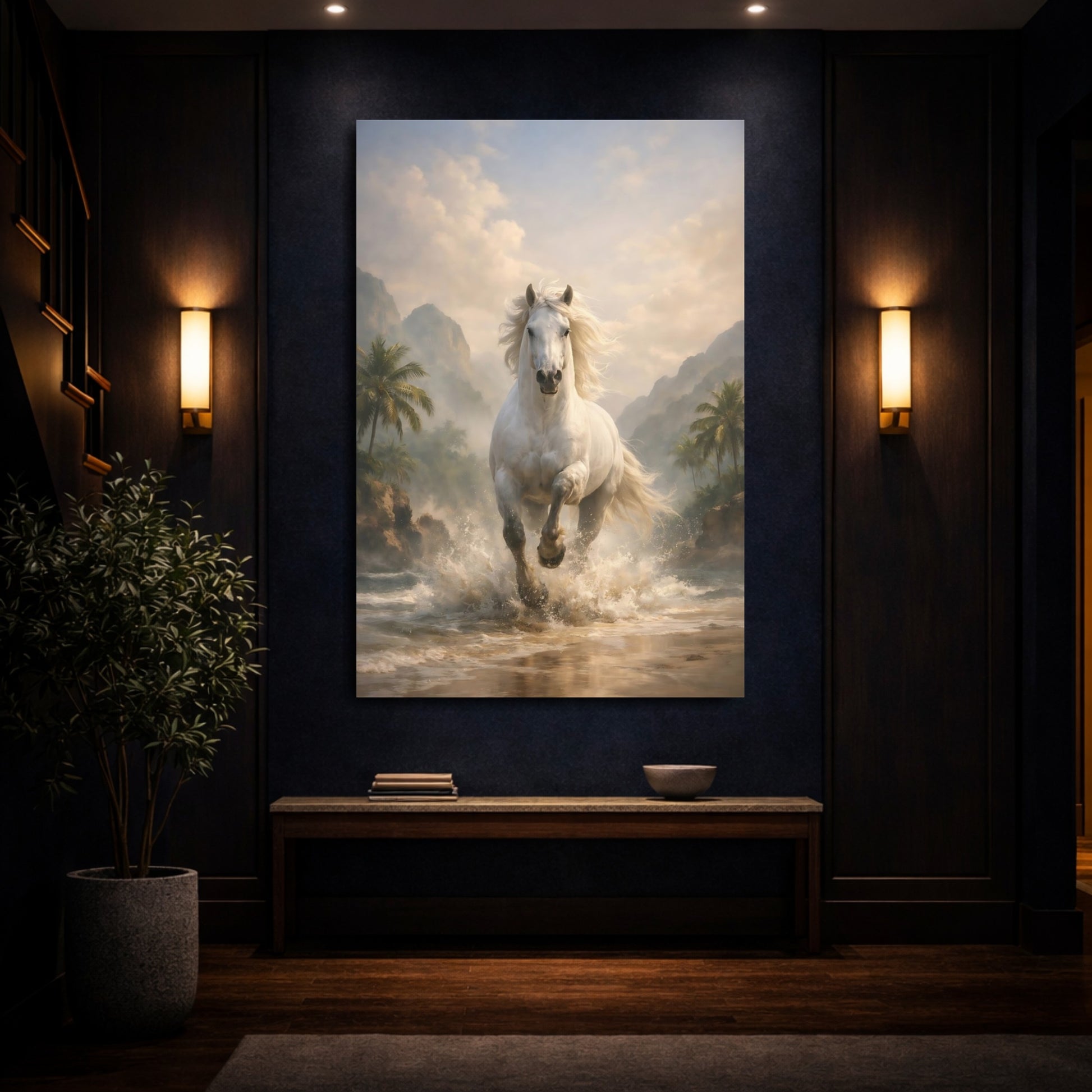 Mockup 3. Animals White Horse White Horse shown as stretched canvas wall art