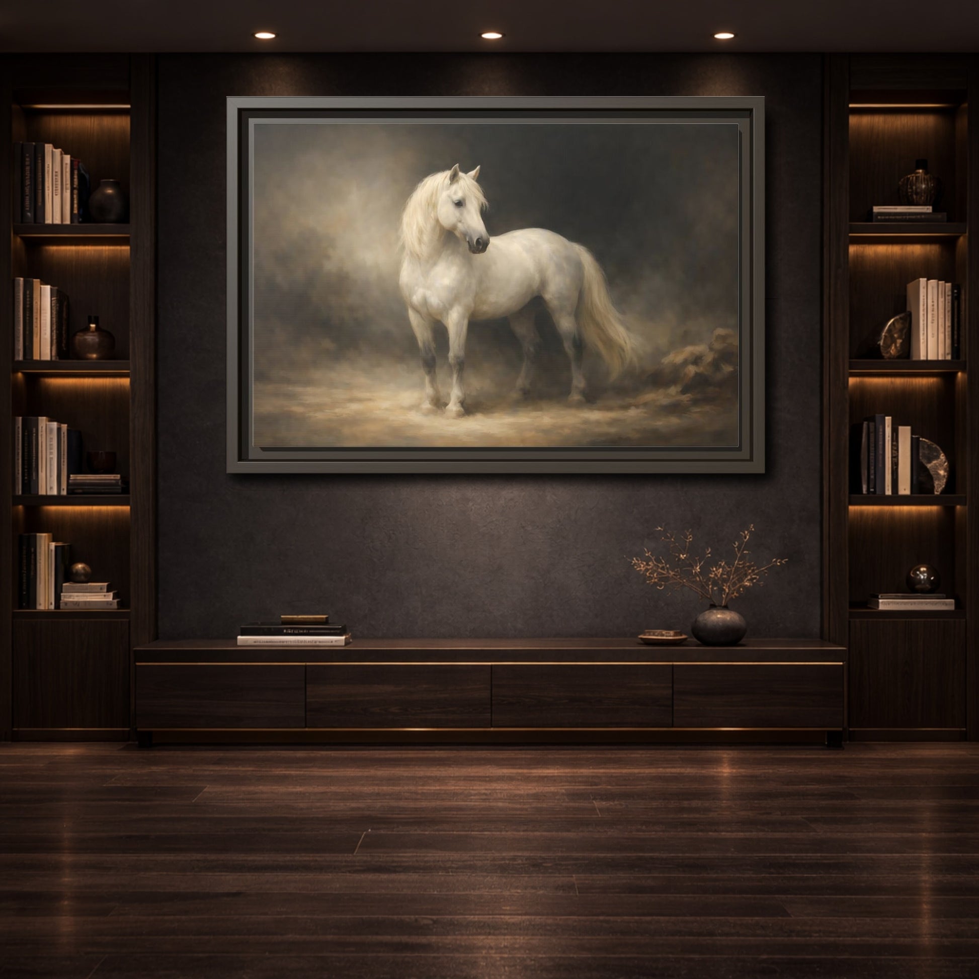 Mockup 3. Animals White Horse White Horse shown as stretched canvas wall art