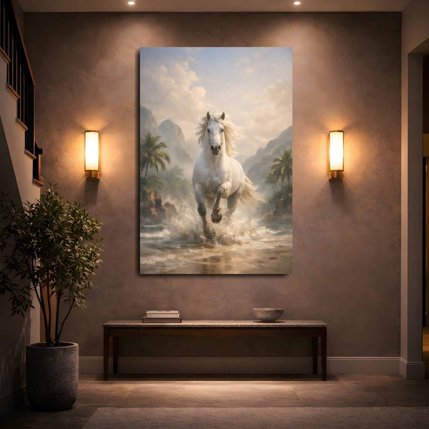 Mockup 4. Animals White Horse White Horse shown as stretched canvas wall art