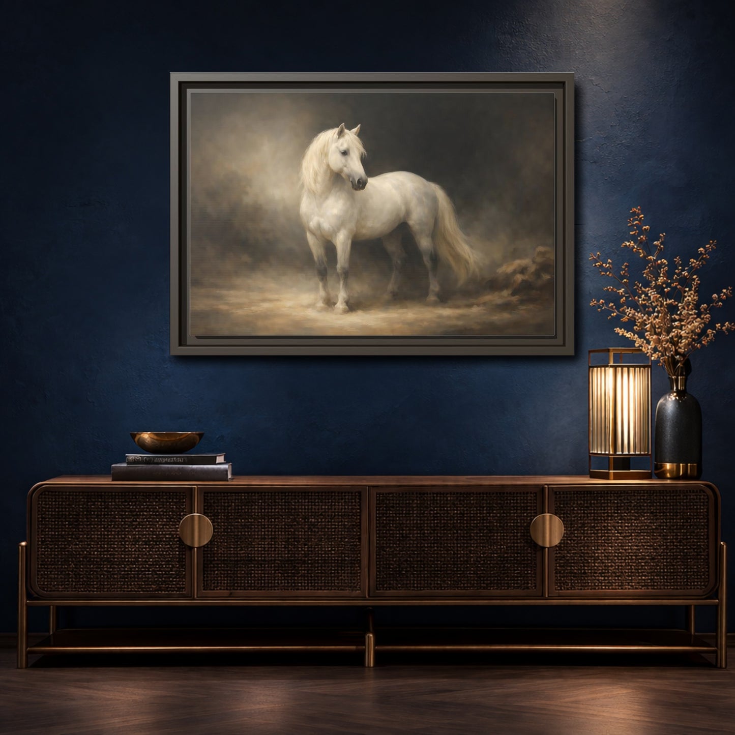 Mockup 4. Animals White Horse White Horse shown as stretched canvas wall art