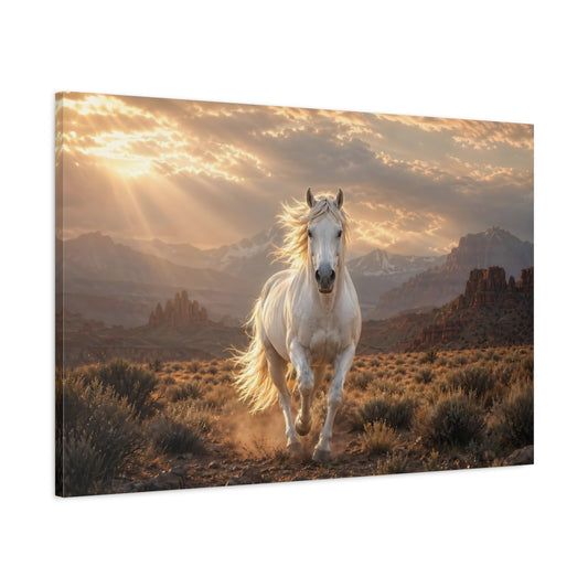 Main Mockup. Animals White Horse White Horse Sunset shown as stretched canvas wall art