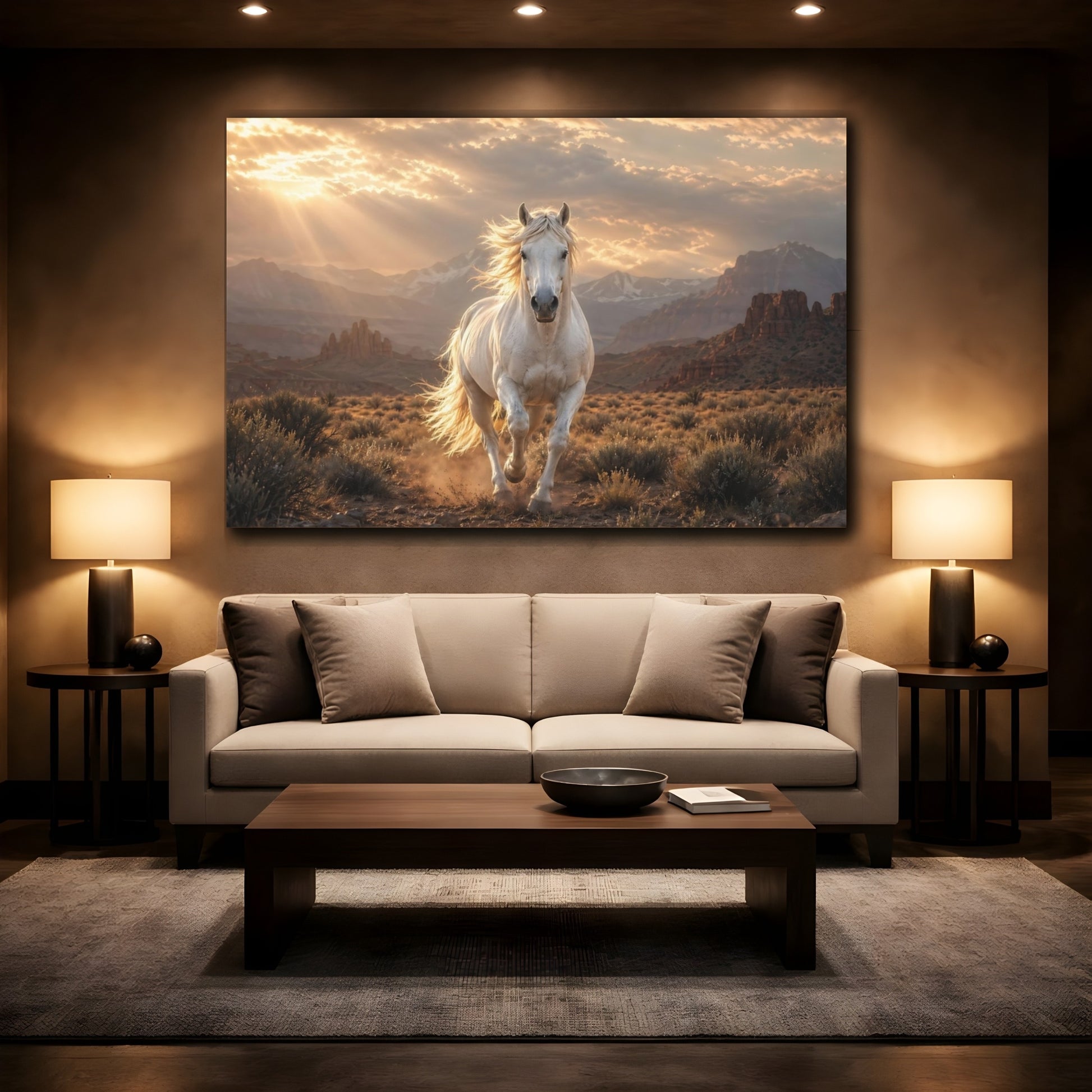 Mockup 2. Animals White Horse White Horse Sunset shown as stretched canvas wall art
