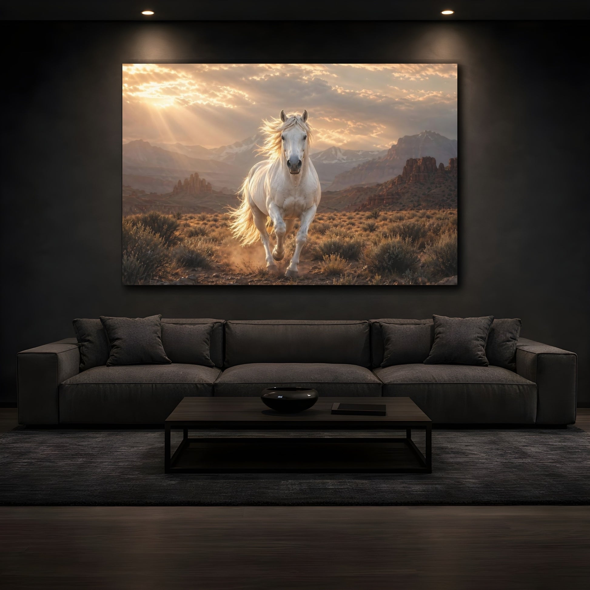 Mockup 3. Animals White Horse White Horse Sunset shown as stretched canvas wall art