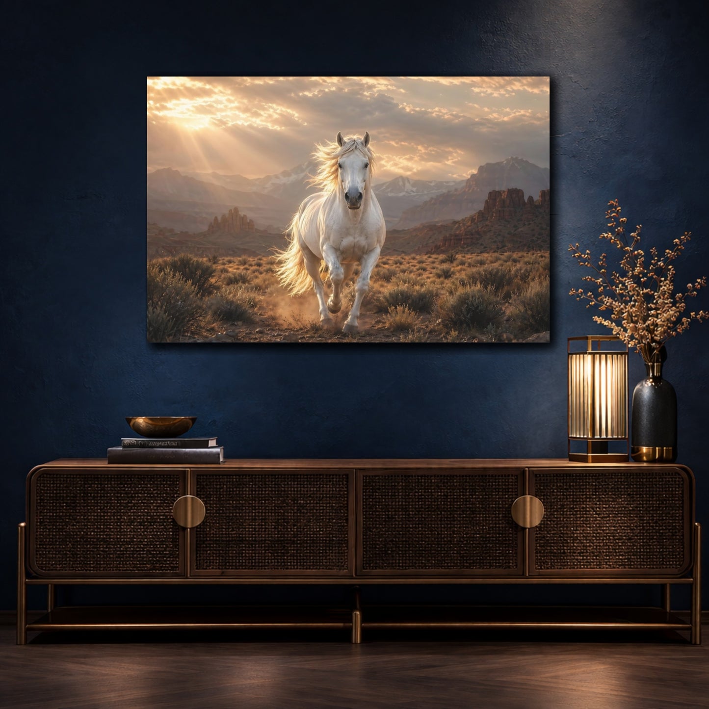 Mockup 4. Animals White Horse White Horse Sunset shown as stretched canvas wall art