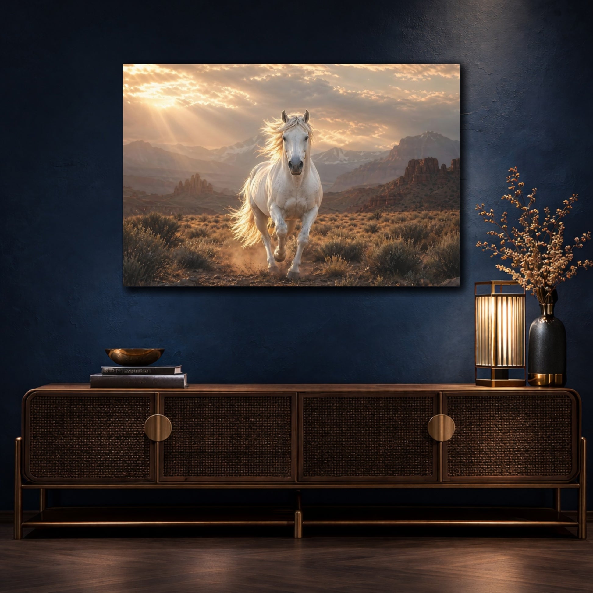 Mockup 4. Animals White Horse White Horse Sunset shown as stretched canvas wall art