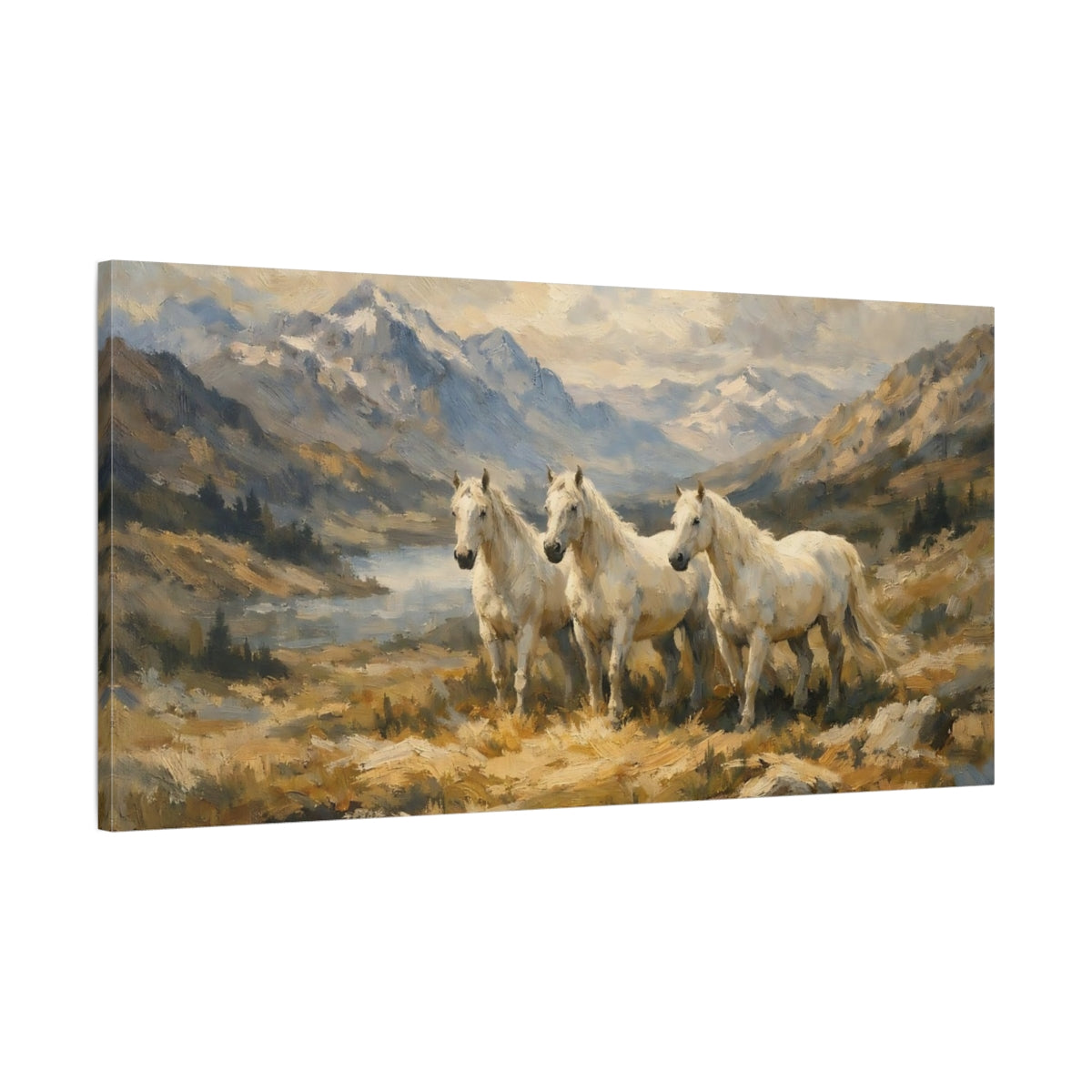 Side Mockup 1. Animals White Horses Earthy White Horses shown as stretched canvas wall art