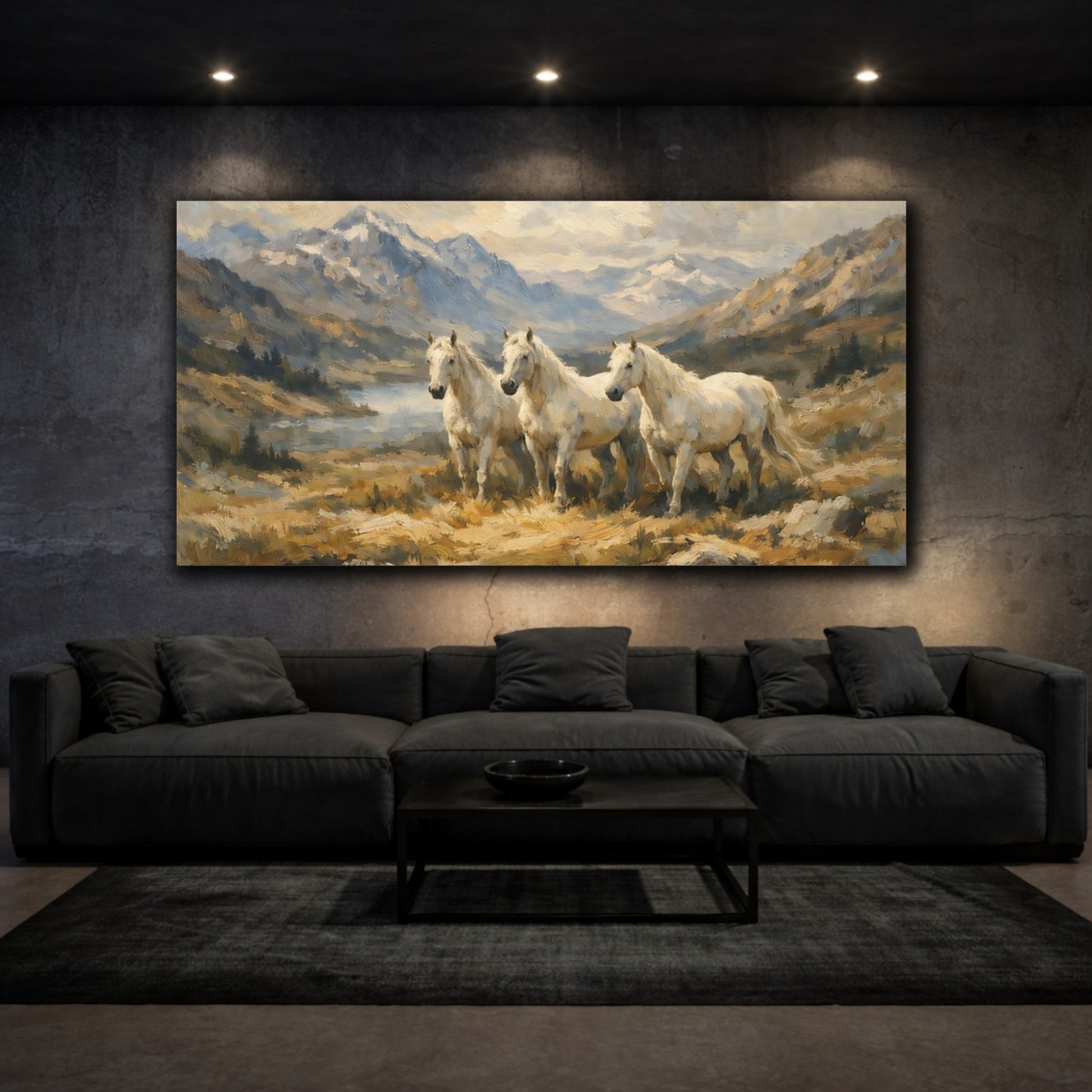 Mockup 2. Animals White Horses Earthy White Horses shown as stretched canvas wall art